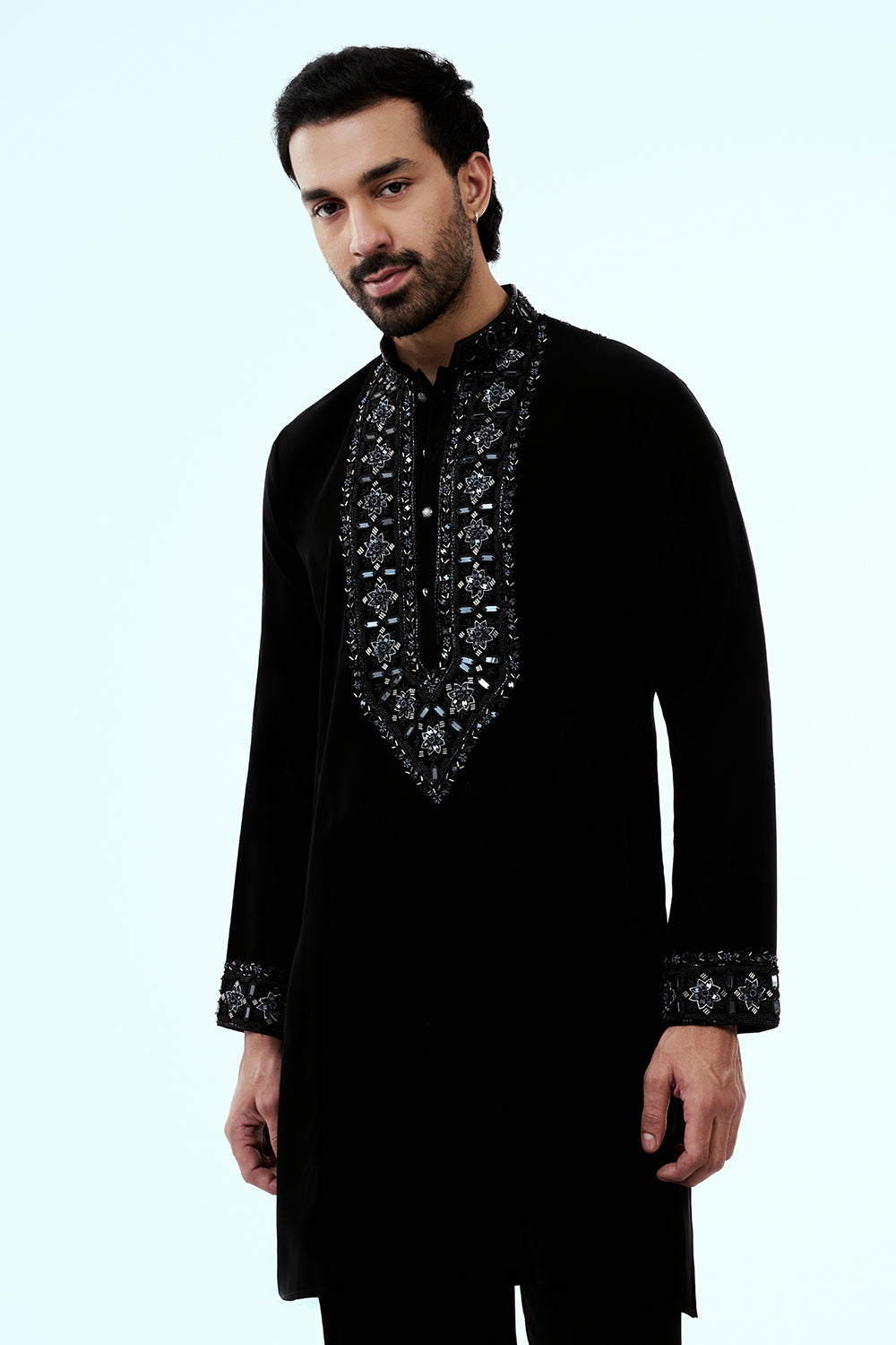 Black Premium Crepe Mens Kurta Set with Cutdana Work