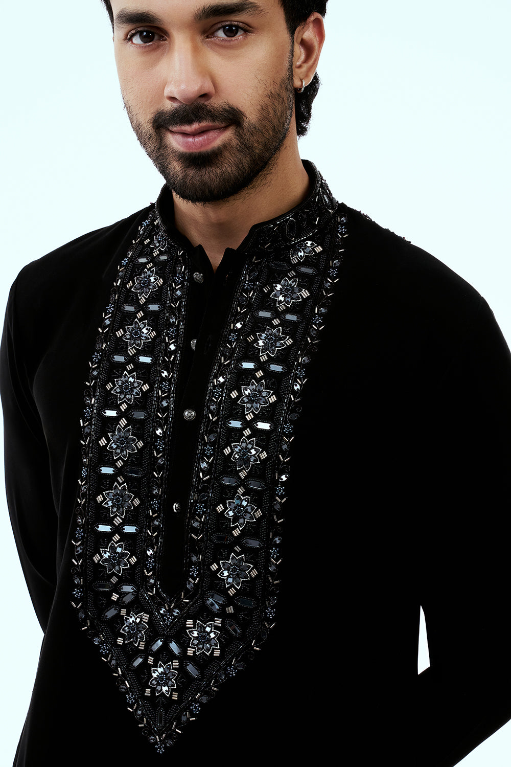 Black Premium Crepe Mens Kurta Set with Cutdana Work