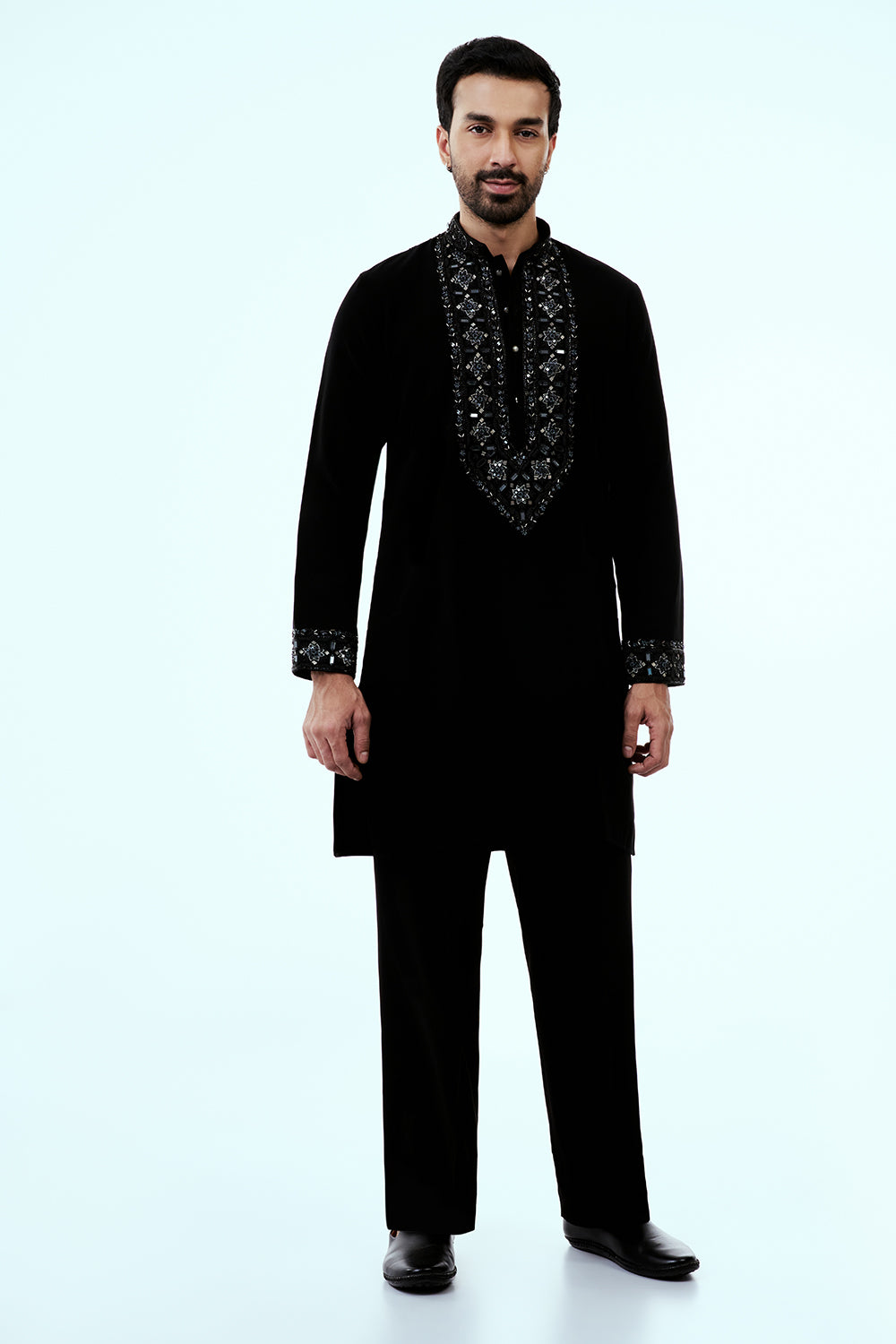 Black Premium Crepe Mens Kurta Set with Cutdana Work