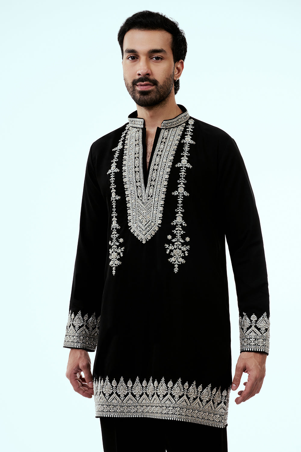 Black Premium Crepe Mens Kurta Set with Zari and Cutdana Work