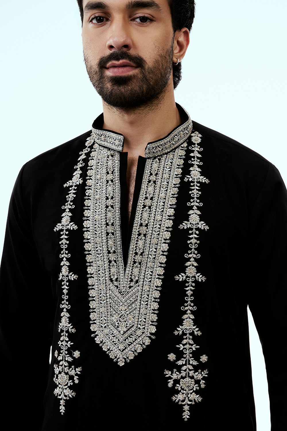 Black Premium Crepe Mens Kurta Set with Zari and Cutdana Work