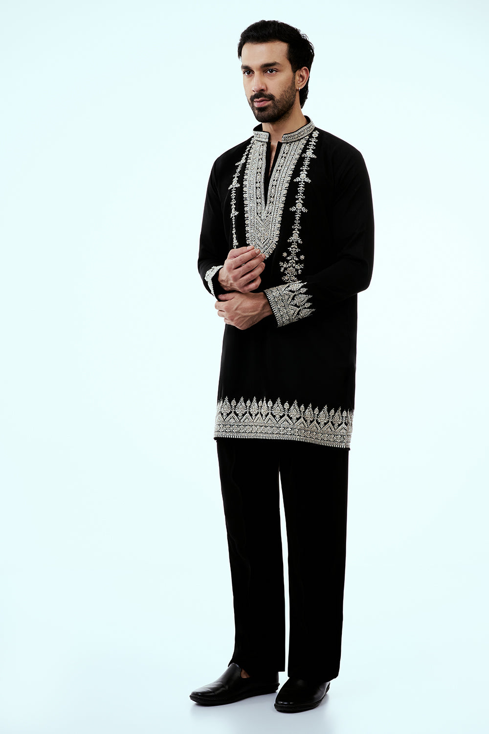 Black Premium Crepe Mens Kurta Set with Zari and Cutdana Work
