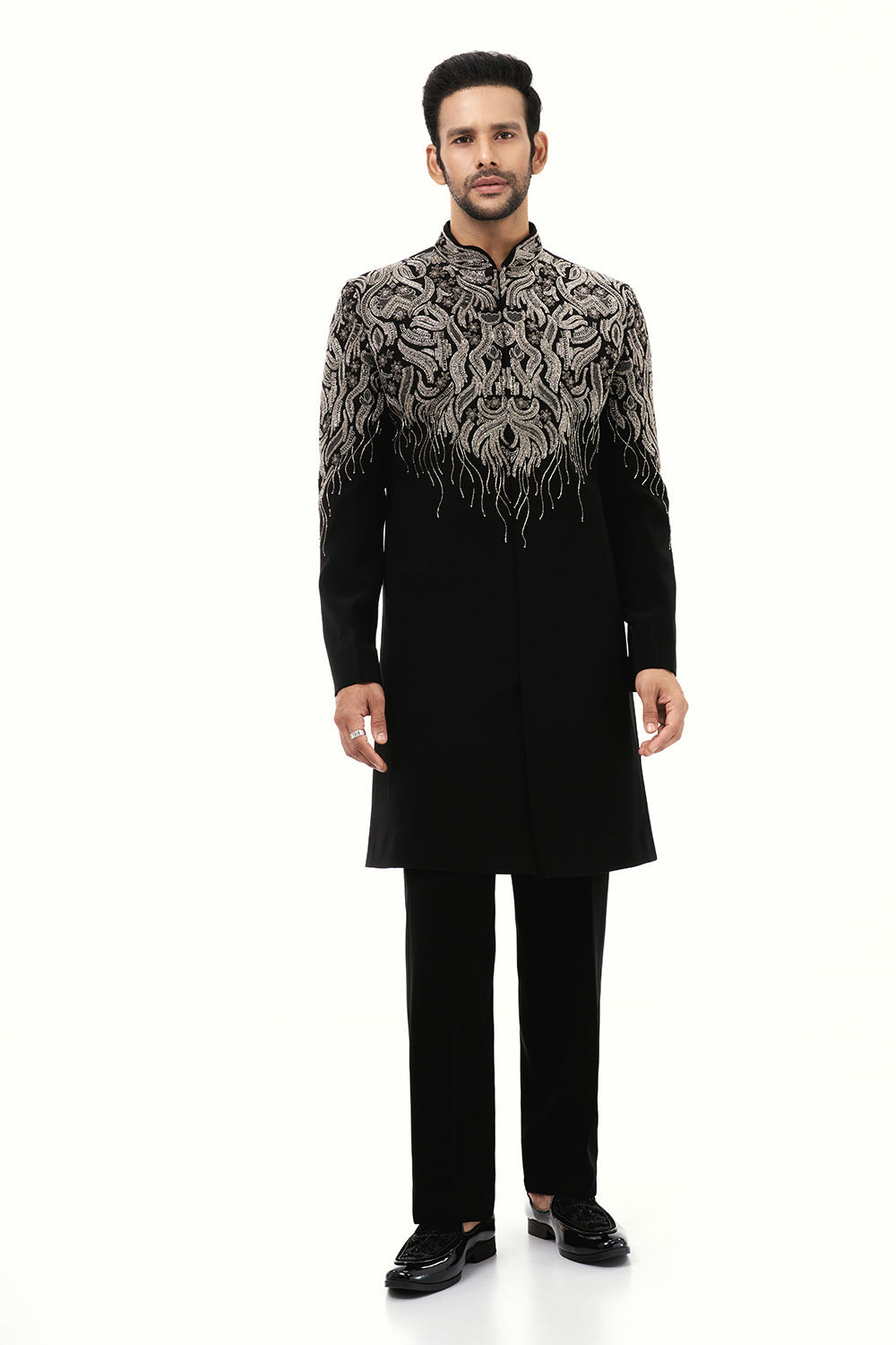 Black Premium Crepe Mens Set with Zardosi Work