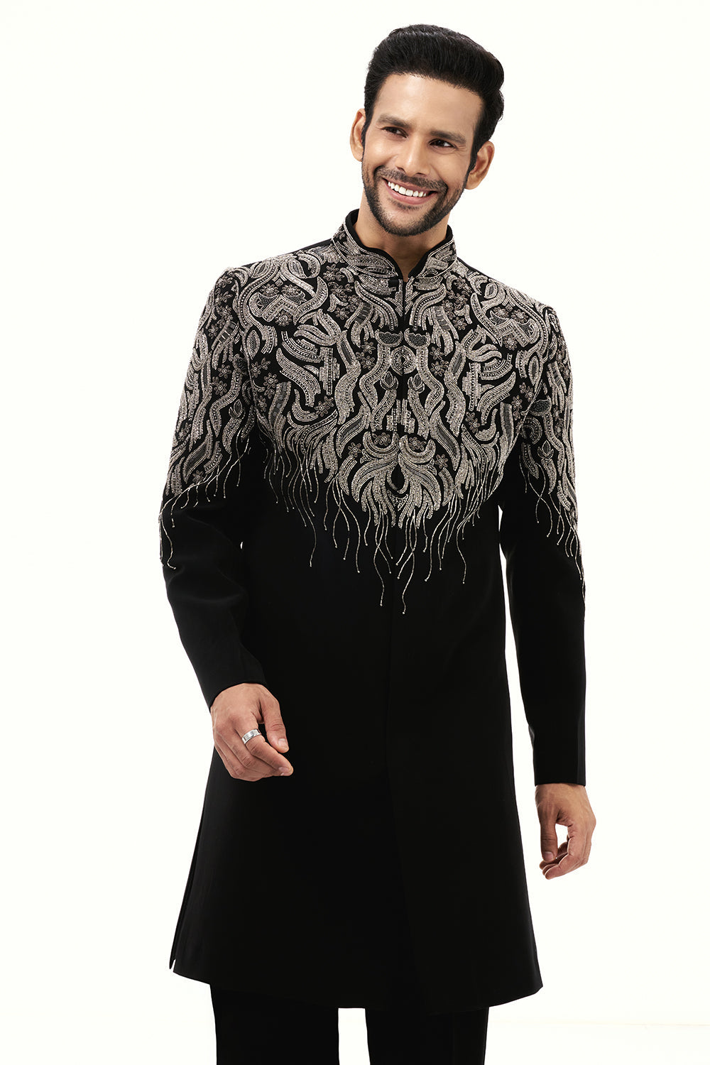 Black Premium Crepe Mens Set with Zardosi Work