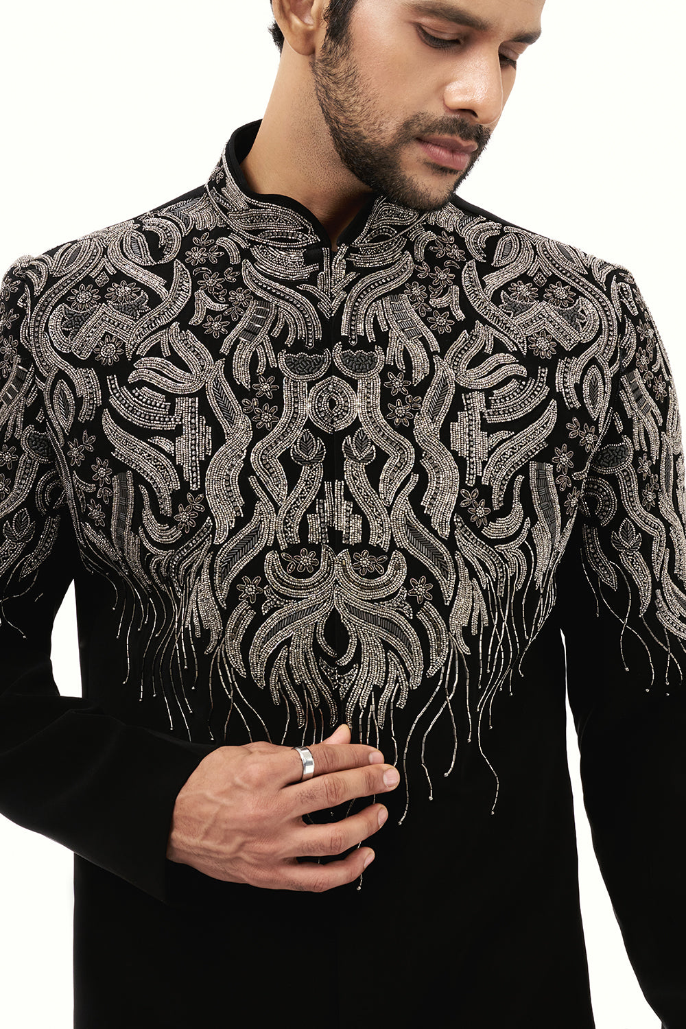 Black Premium Crepe Mens Set with Zardosi Work