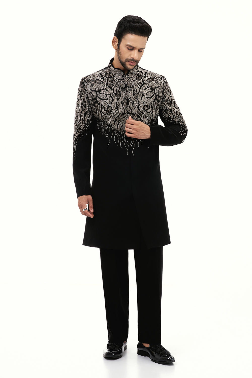 Black Premium Crepe Mens Set with Zardosi Work