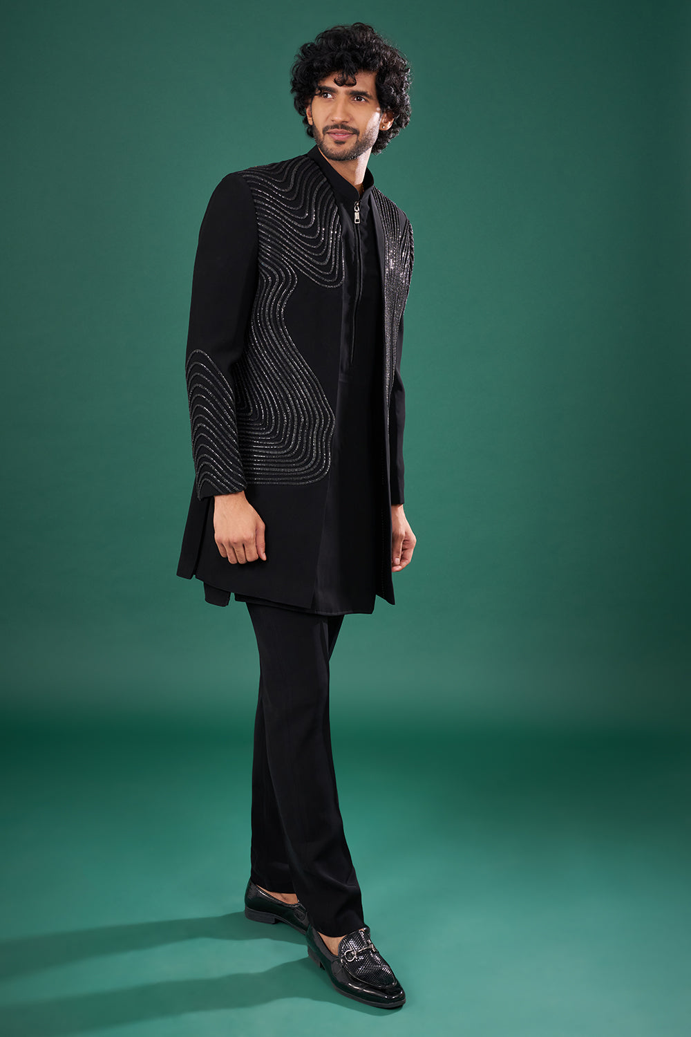 Black Satin Embellished Indo-Western Set