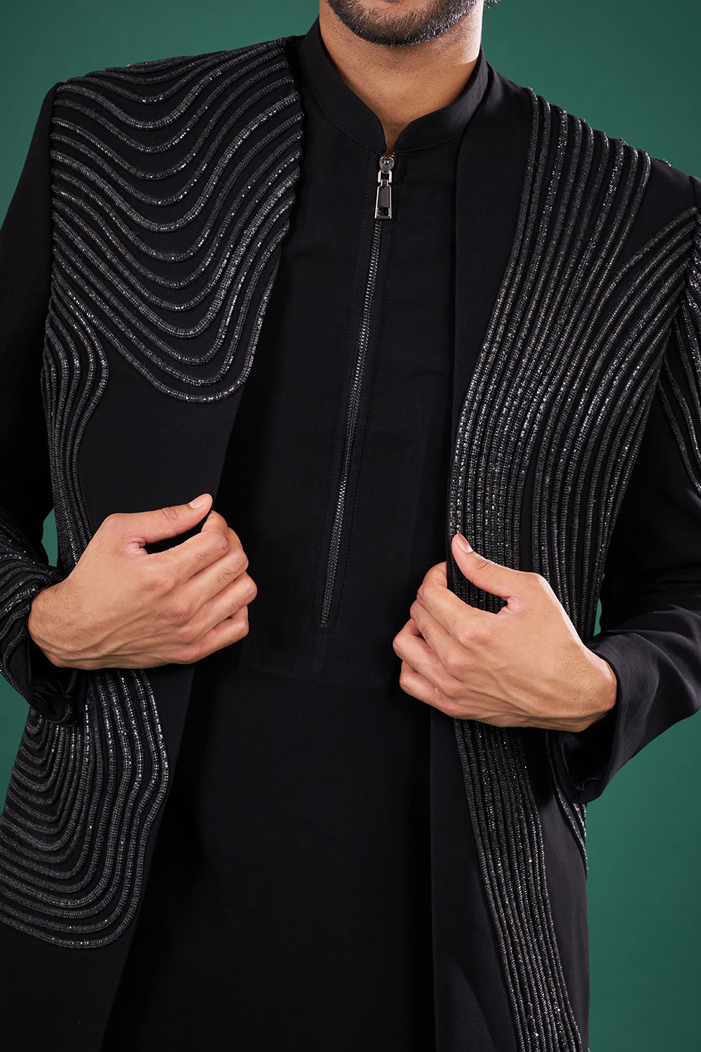 Black Satin Embellished Indo-Western Set