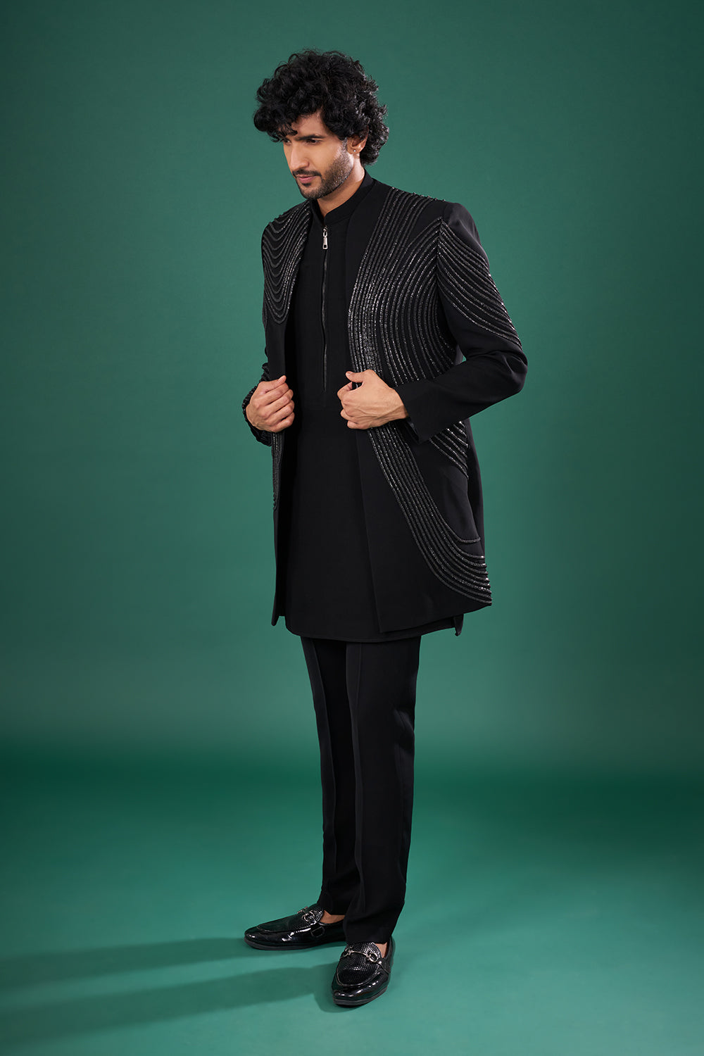 Black Satin Embellished Indo-Western Set