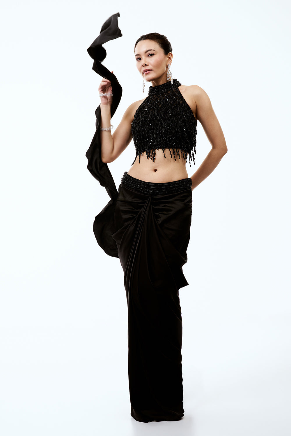Black Satin Indo Western Set With Pearl Work