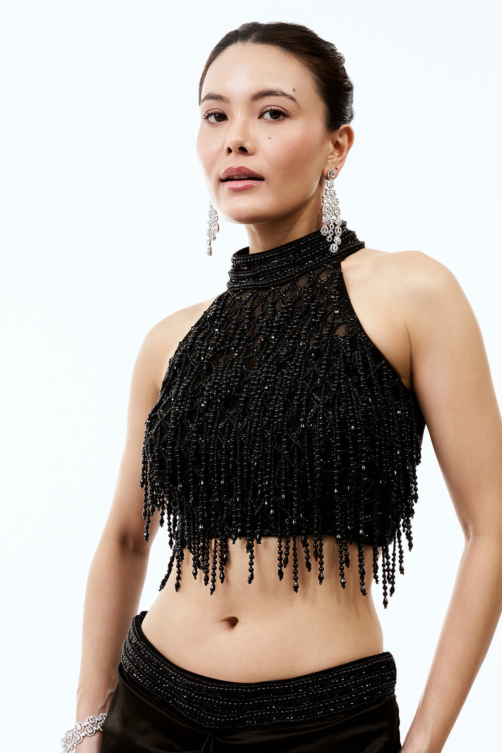 Black Satin Indo Western Set With Pearl Work