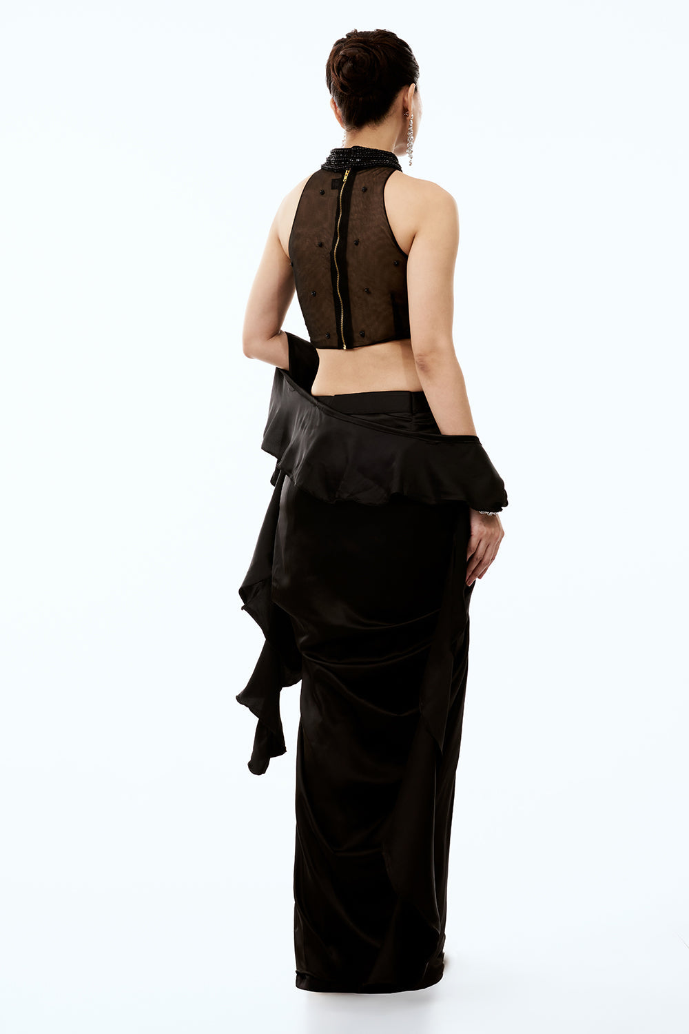Black Satin Indo Western Set With Pearl Work
