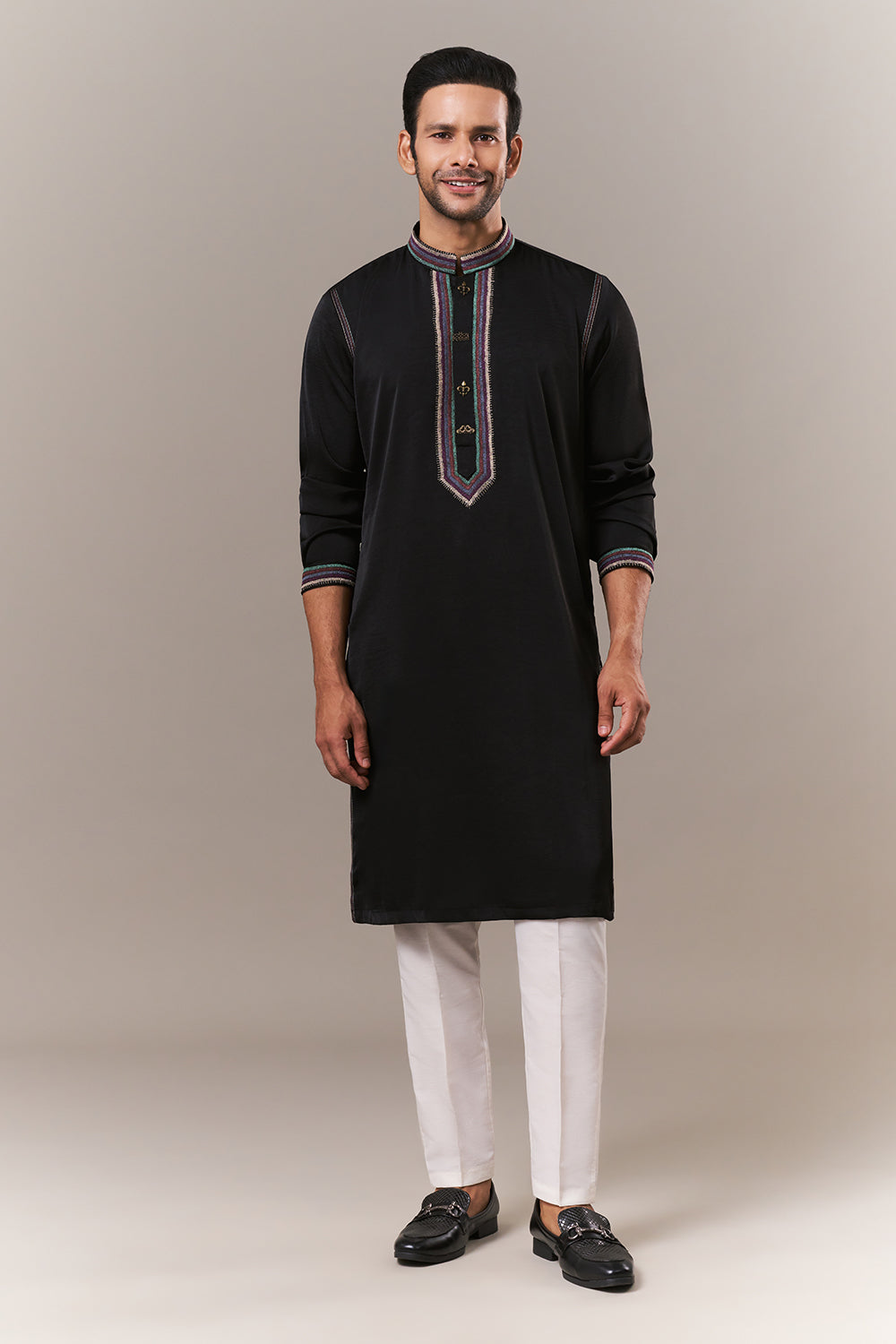 Black Satin Mens Kurta Set with Thread Work