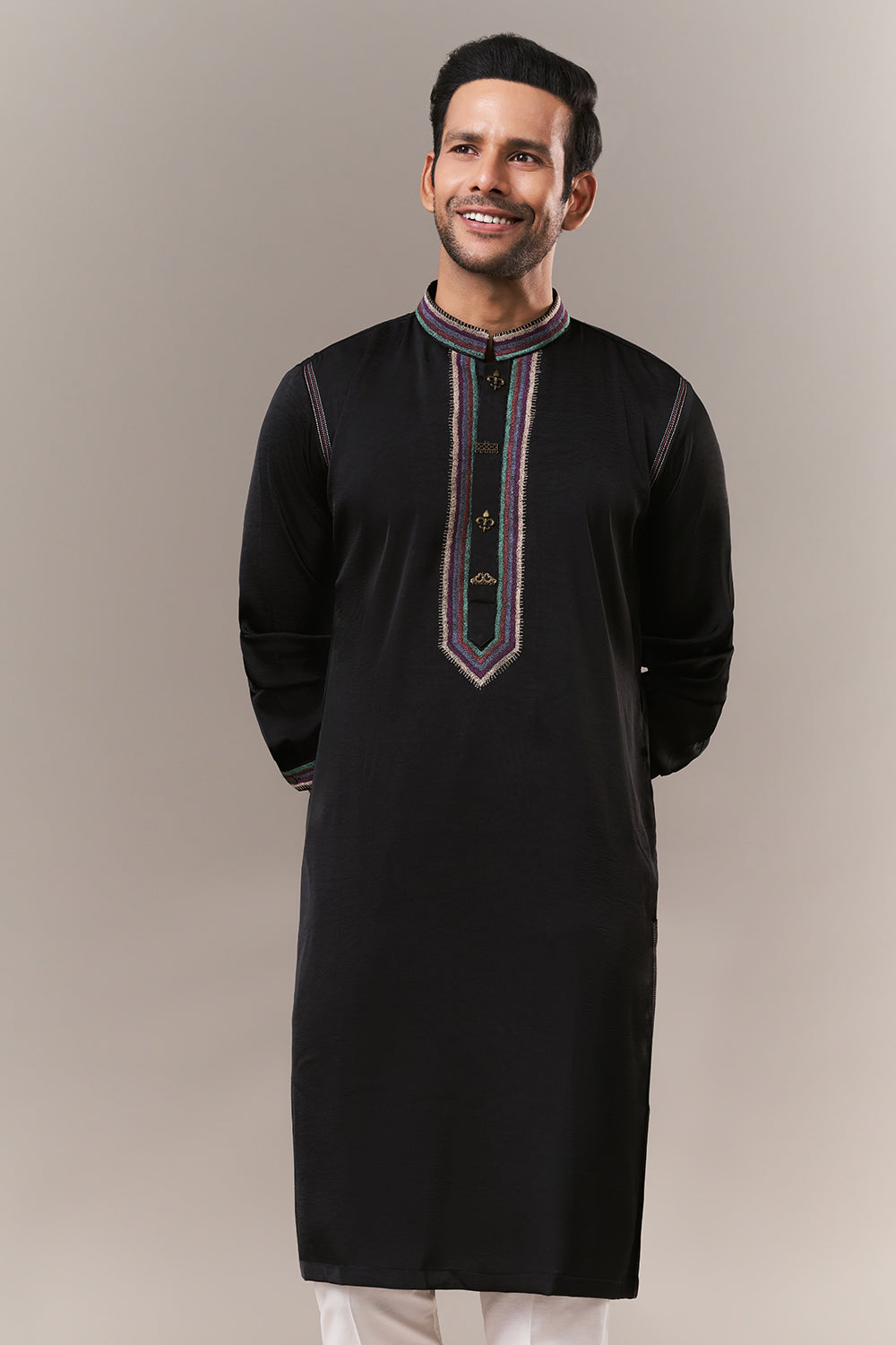 Black Satin Mens Kurta Set with Thread Work