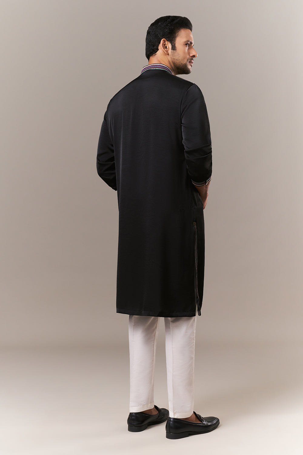 Black Satin Mens Kurta Set with Thread Work