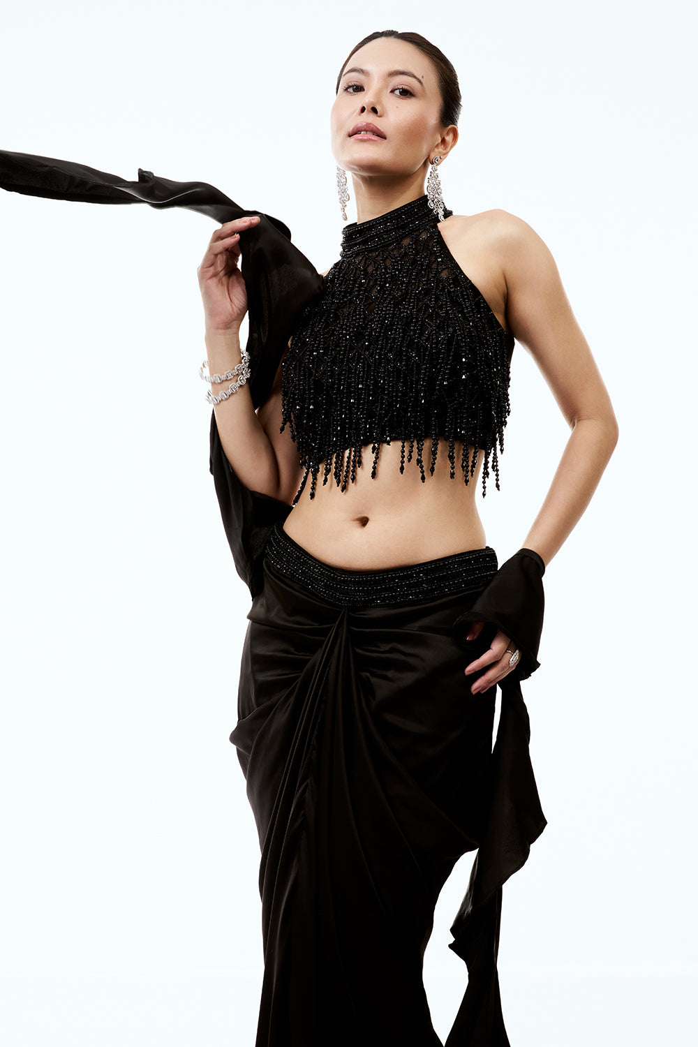 Black Satin Indo Western Set With Pearl Work