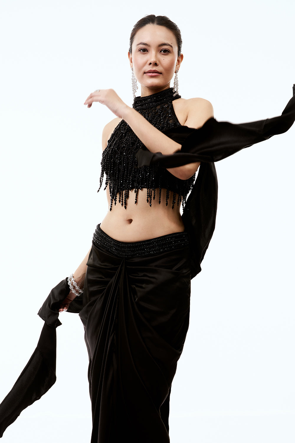 Black Satin Indo Western Set With Pearl Work
