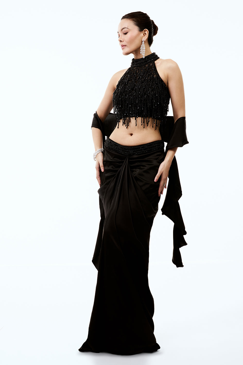 Black Satin Indo Western Set With Pearl Work
