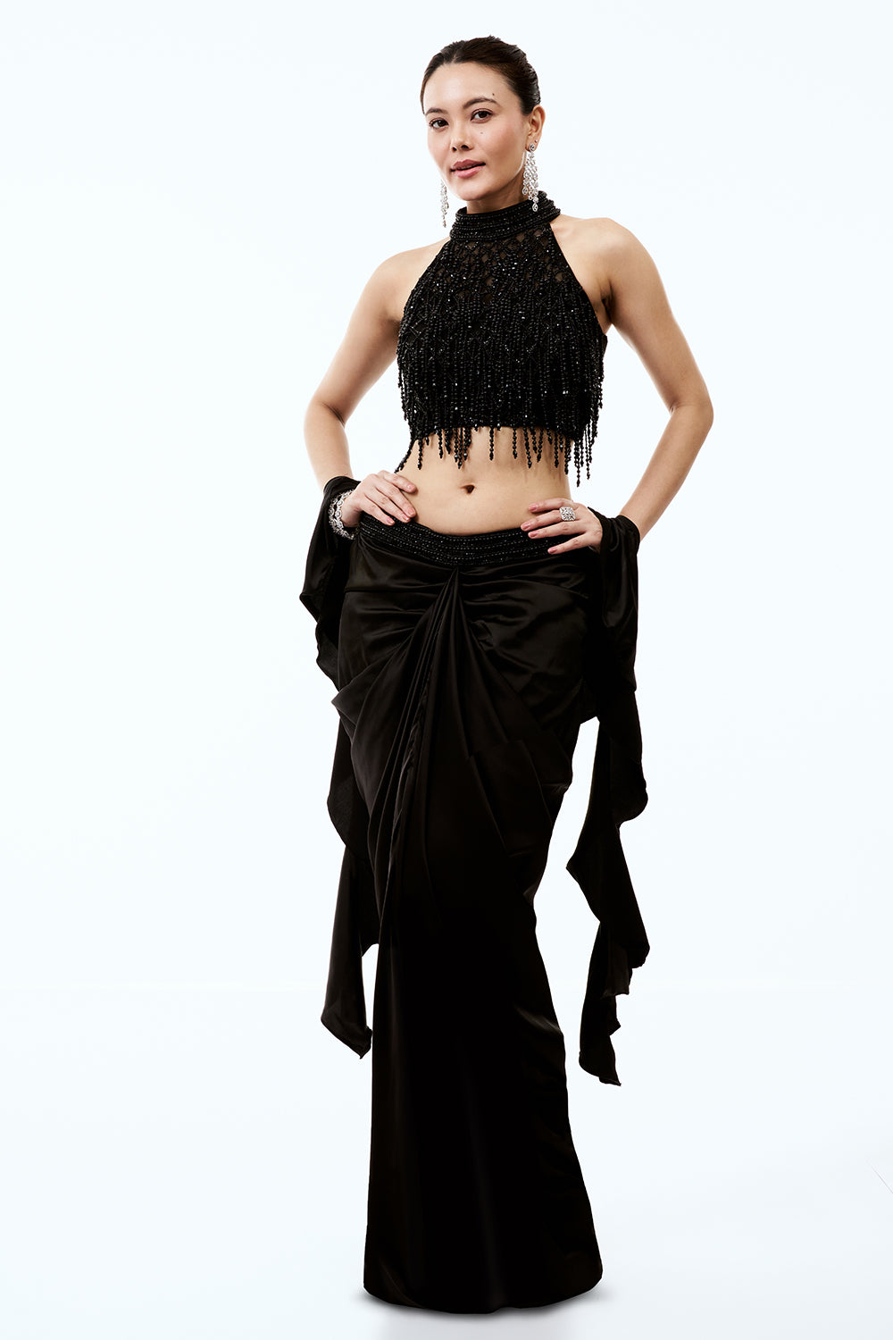Black Satin Indo Western Set With Pearl Work