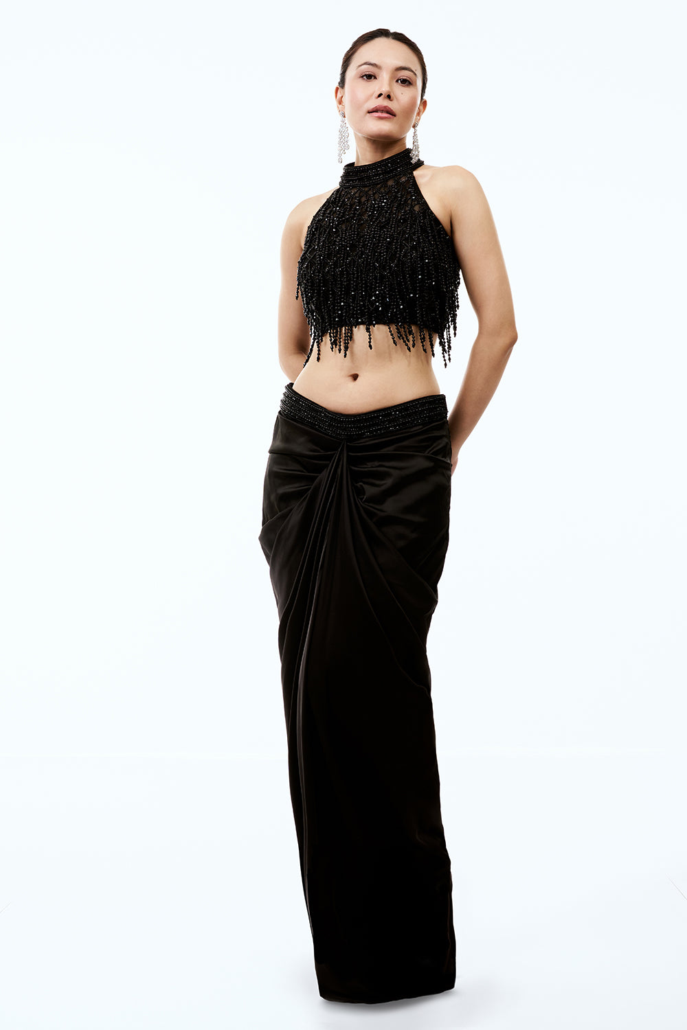 Black Satin Indo Western Set With Pearl Work