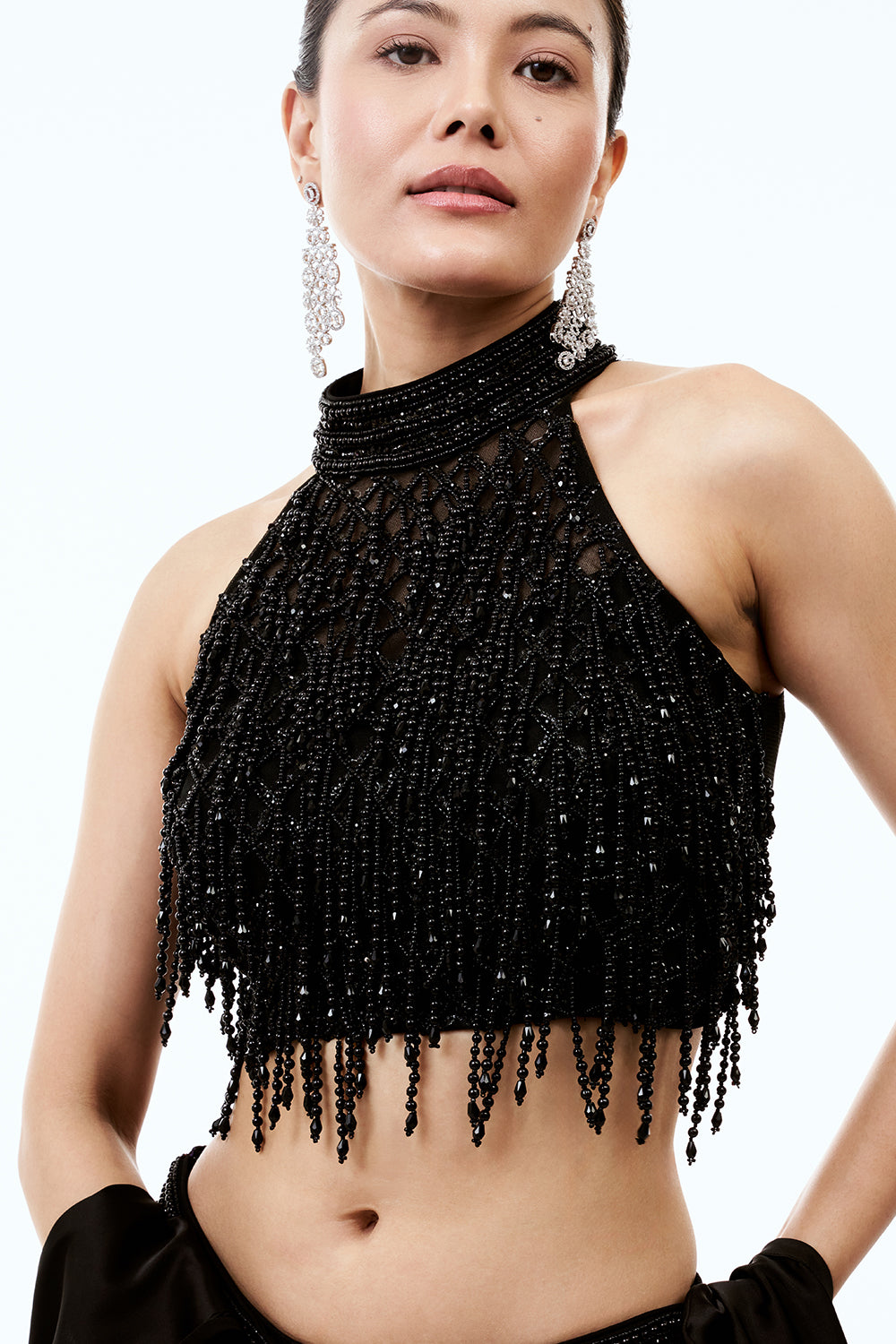 Black Satin Indo Western Set With Pearl Work