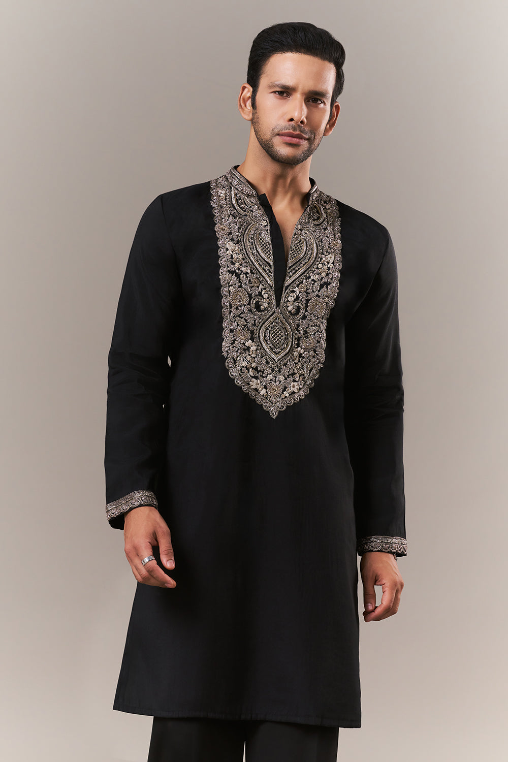Black Silk Mens Kurta Set with Aari Embroidery