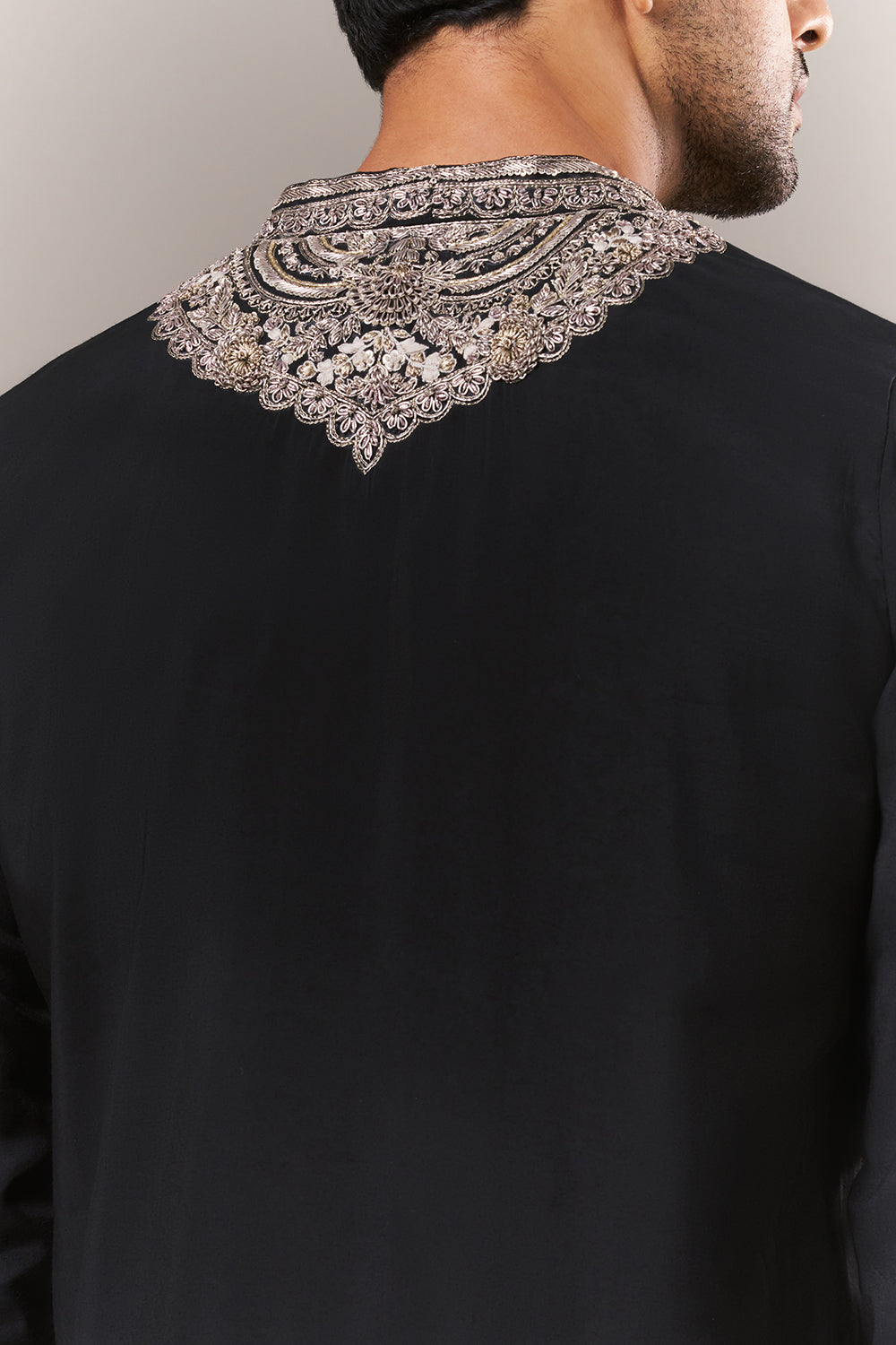 Black Silk Mens Kurta Set with Aari Embroidery