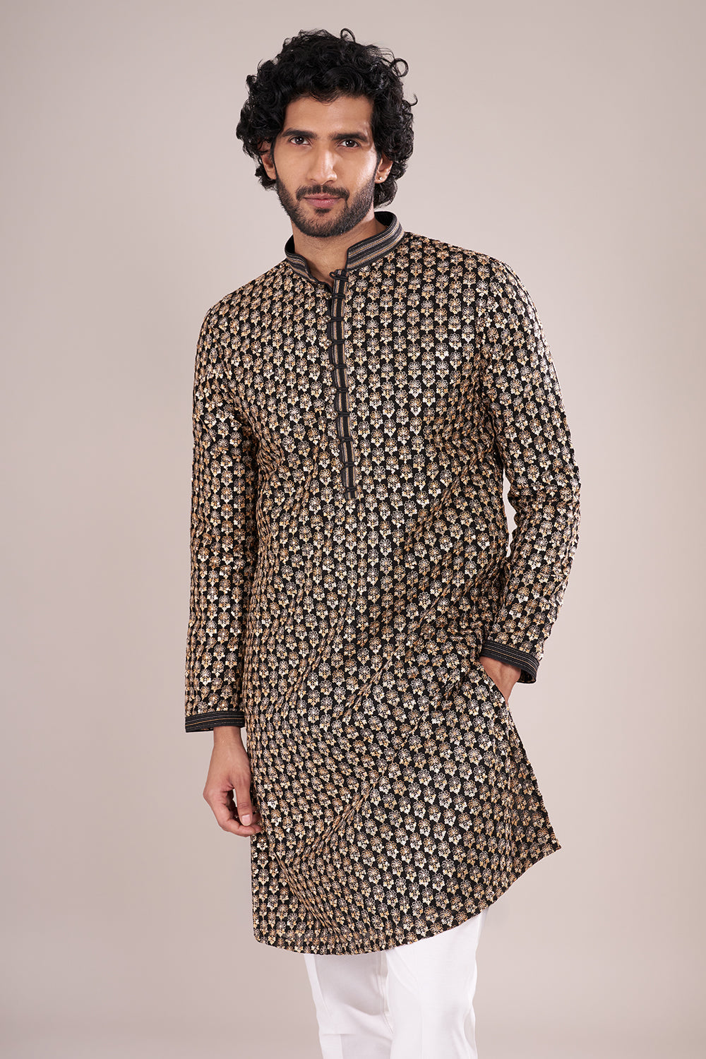 Black Silk Men's Kurta Set with Sequin Work