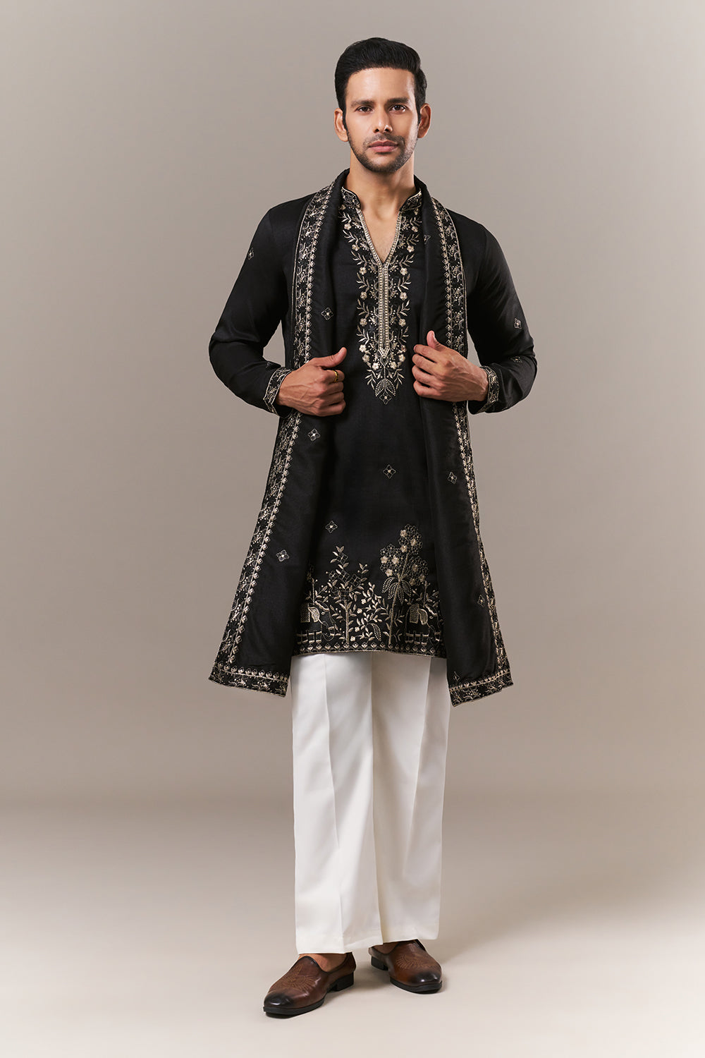 Black Tissue Mens Kurta Set with Zardosi and Sequins Work
