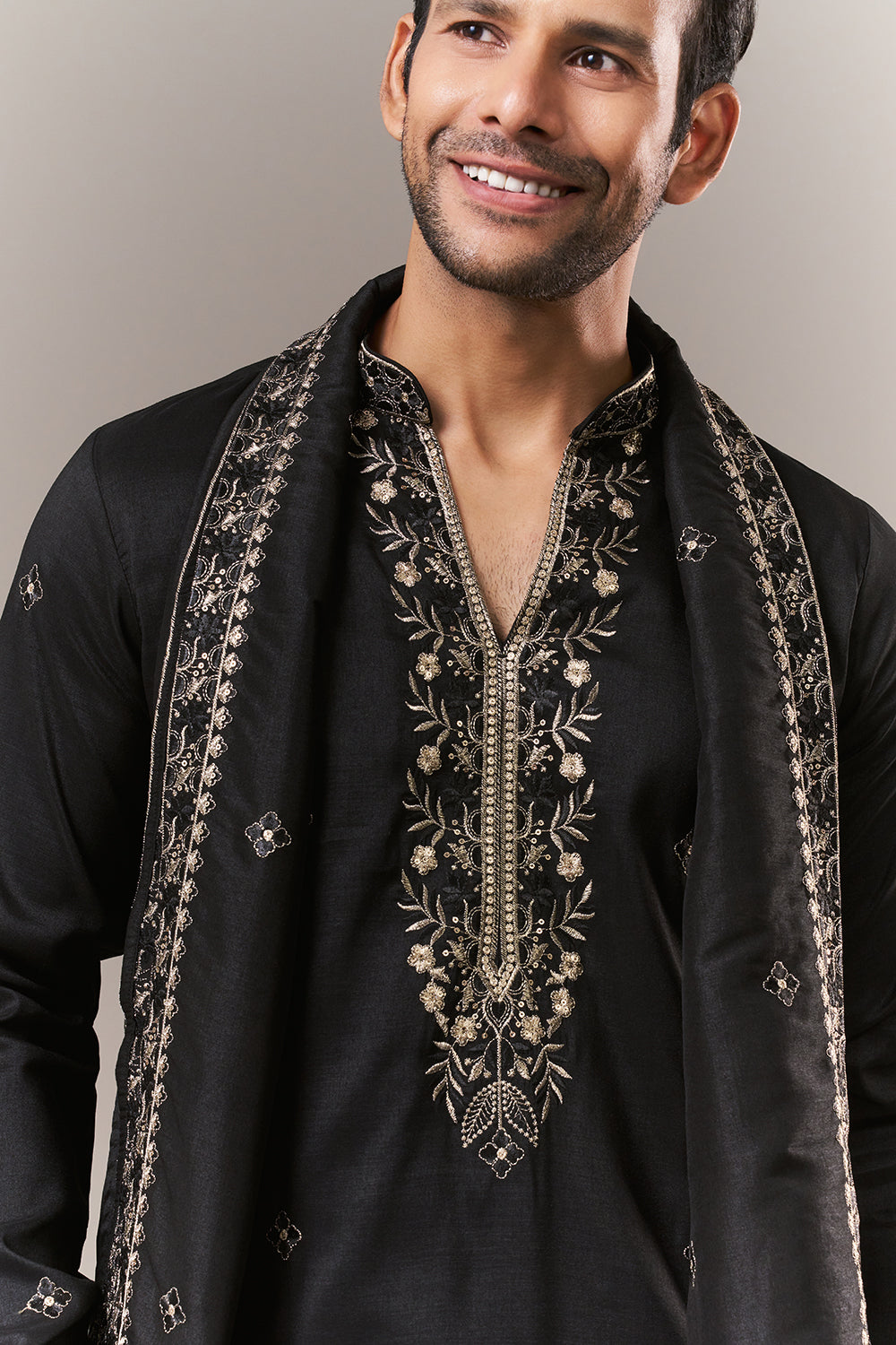 Black Tissue Mens Kurta Set with Zardosi and Sequins Work