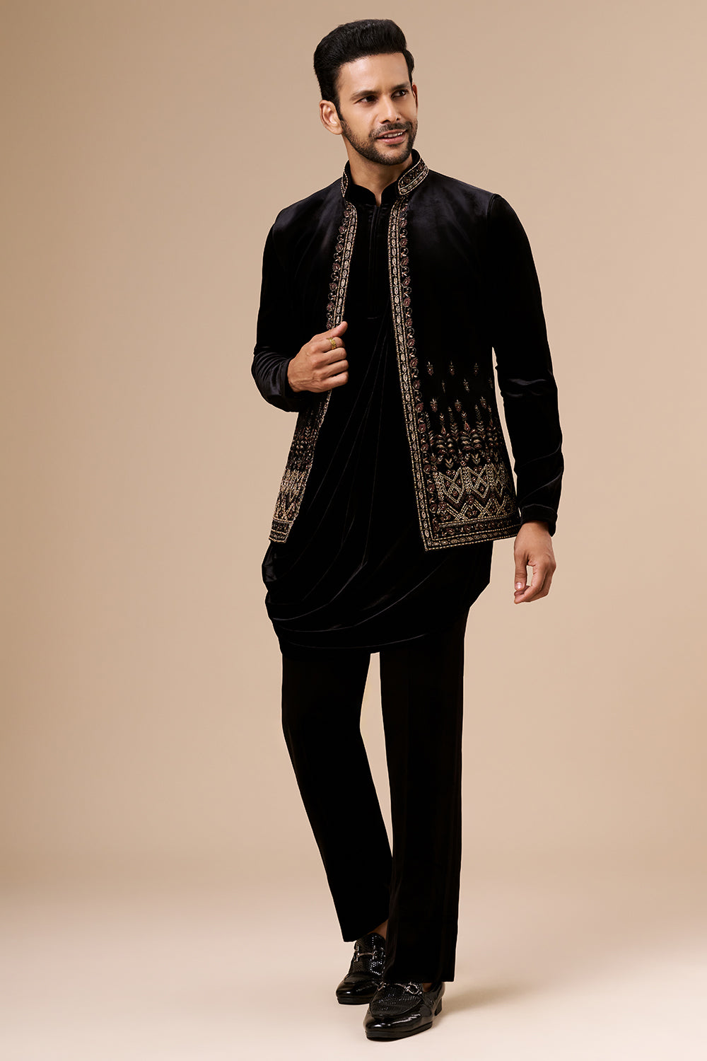 Black Velvet Mens Indo Western with Zardosi and Cut Dana Detailing