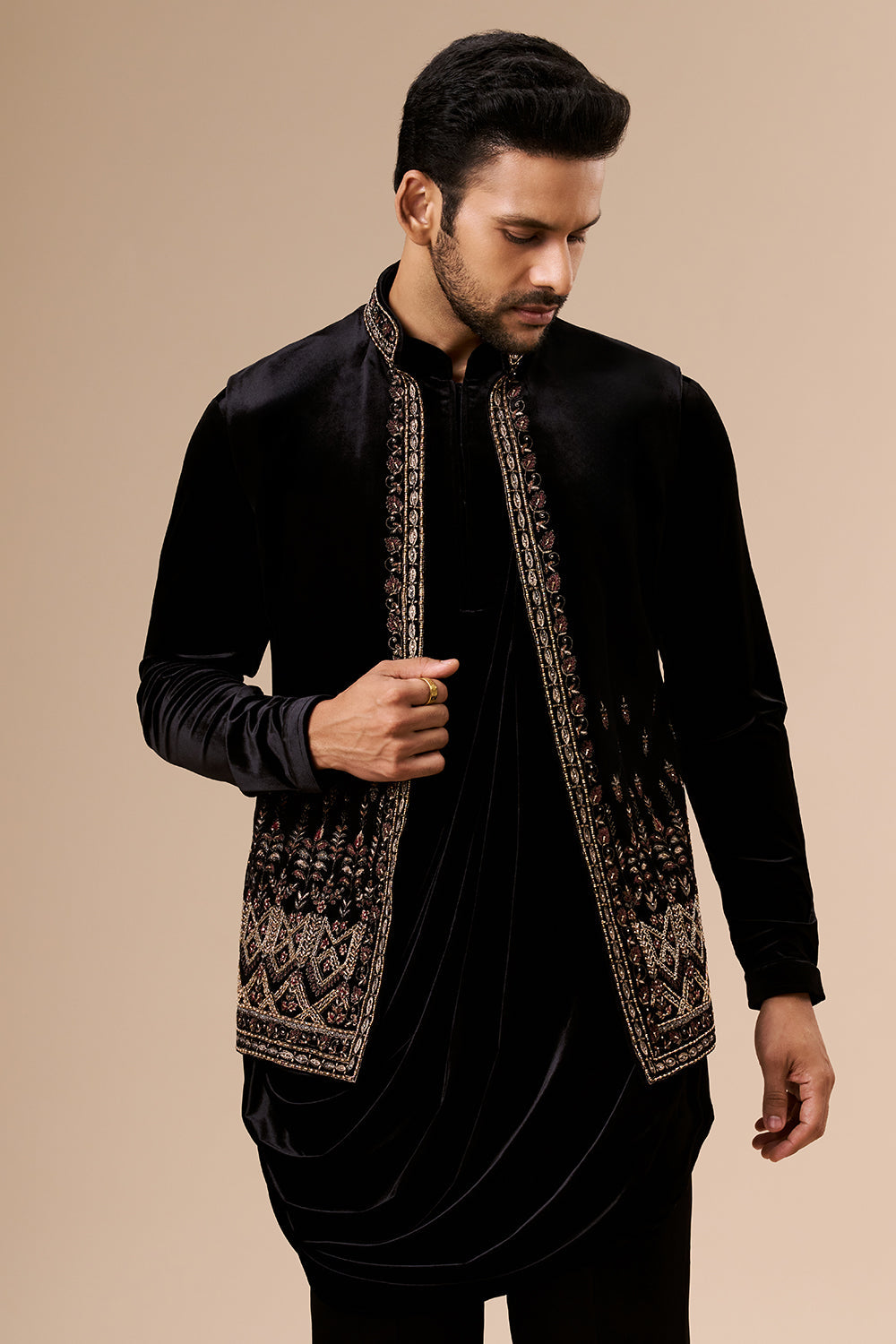 Black Velvet Mens Indo Western with Zardosi and Cut Dana Detailing