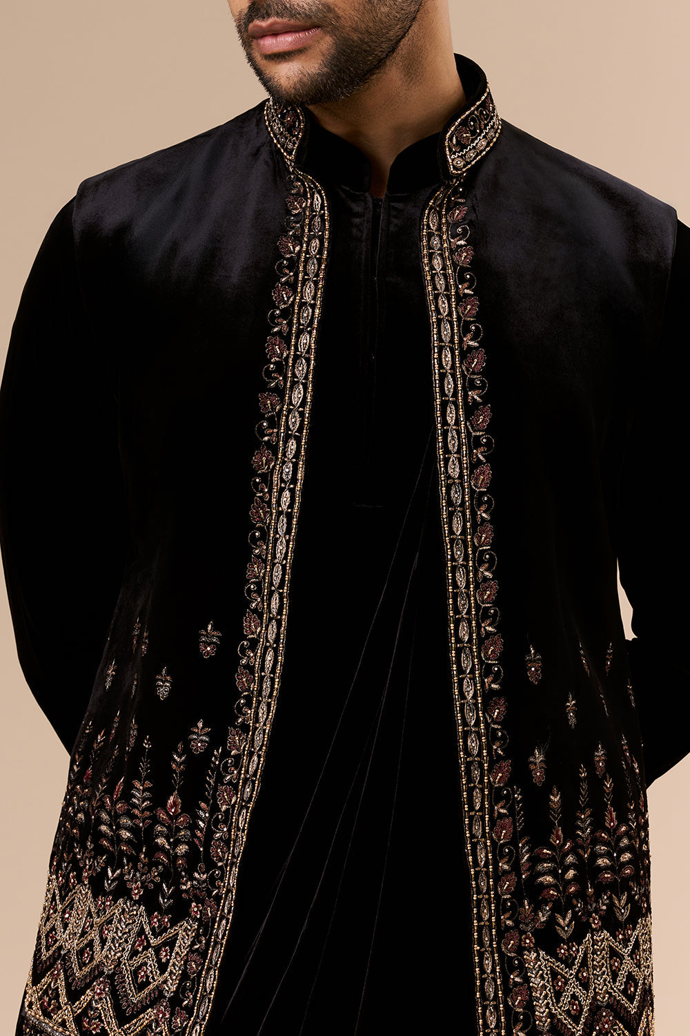 Black Velvet Mens Indo Western with Zardosi and Cut Dana Detailing