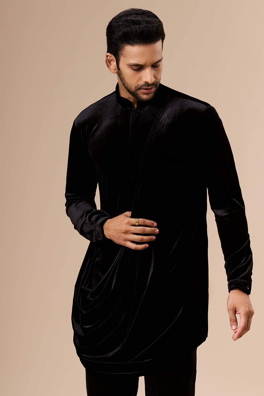 Black Velvet Mens Indo Western with Zardosi and Cut Dana Detailing