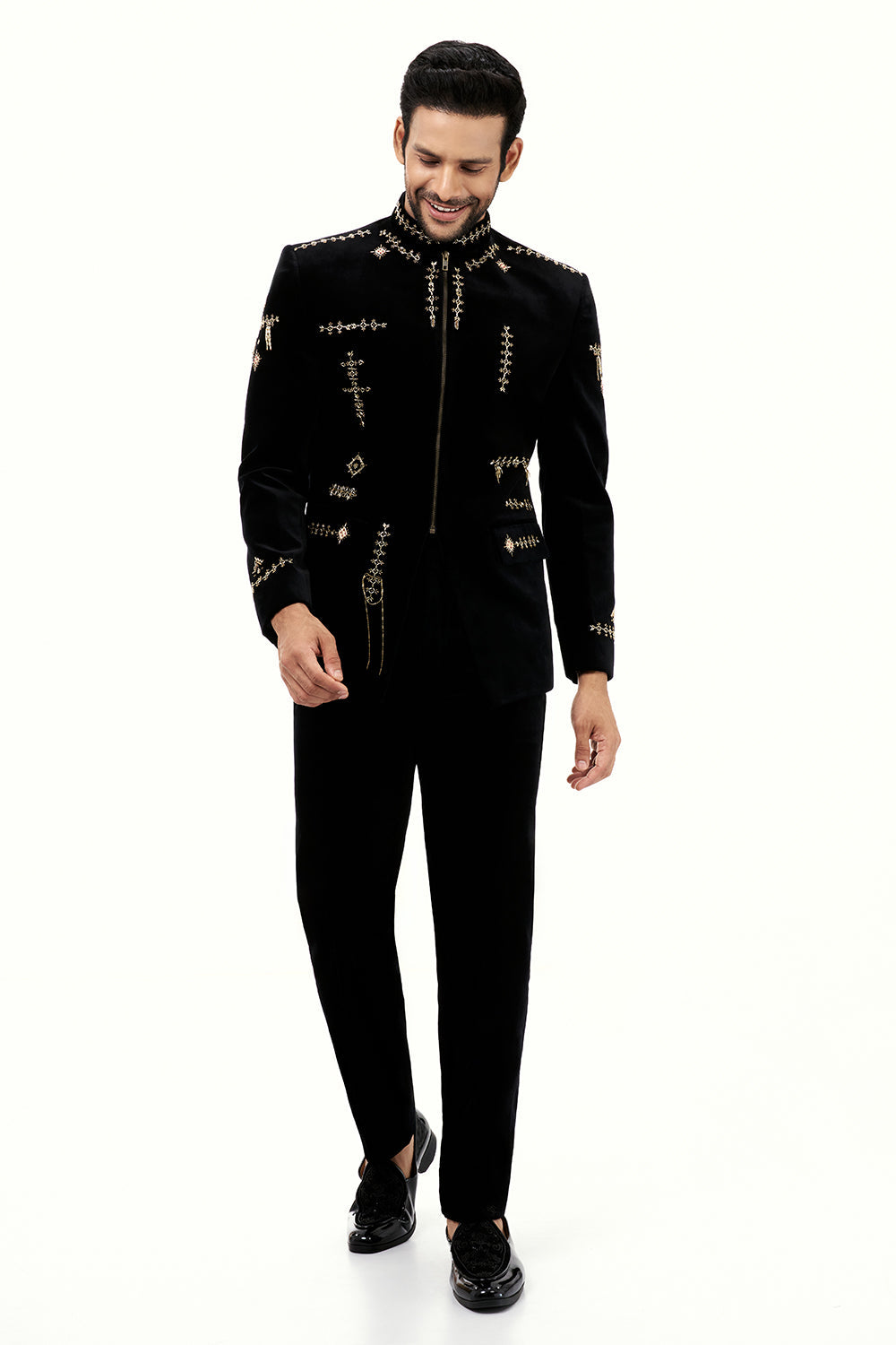 Black Velvet Mens Jodhpuri Set with Cutdana Work
