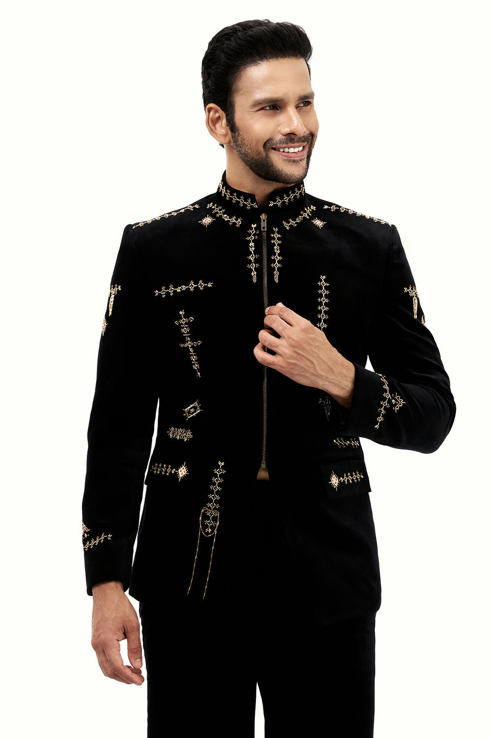 Black Velvet Mens Jodhpuri Set with Cutdana Work