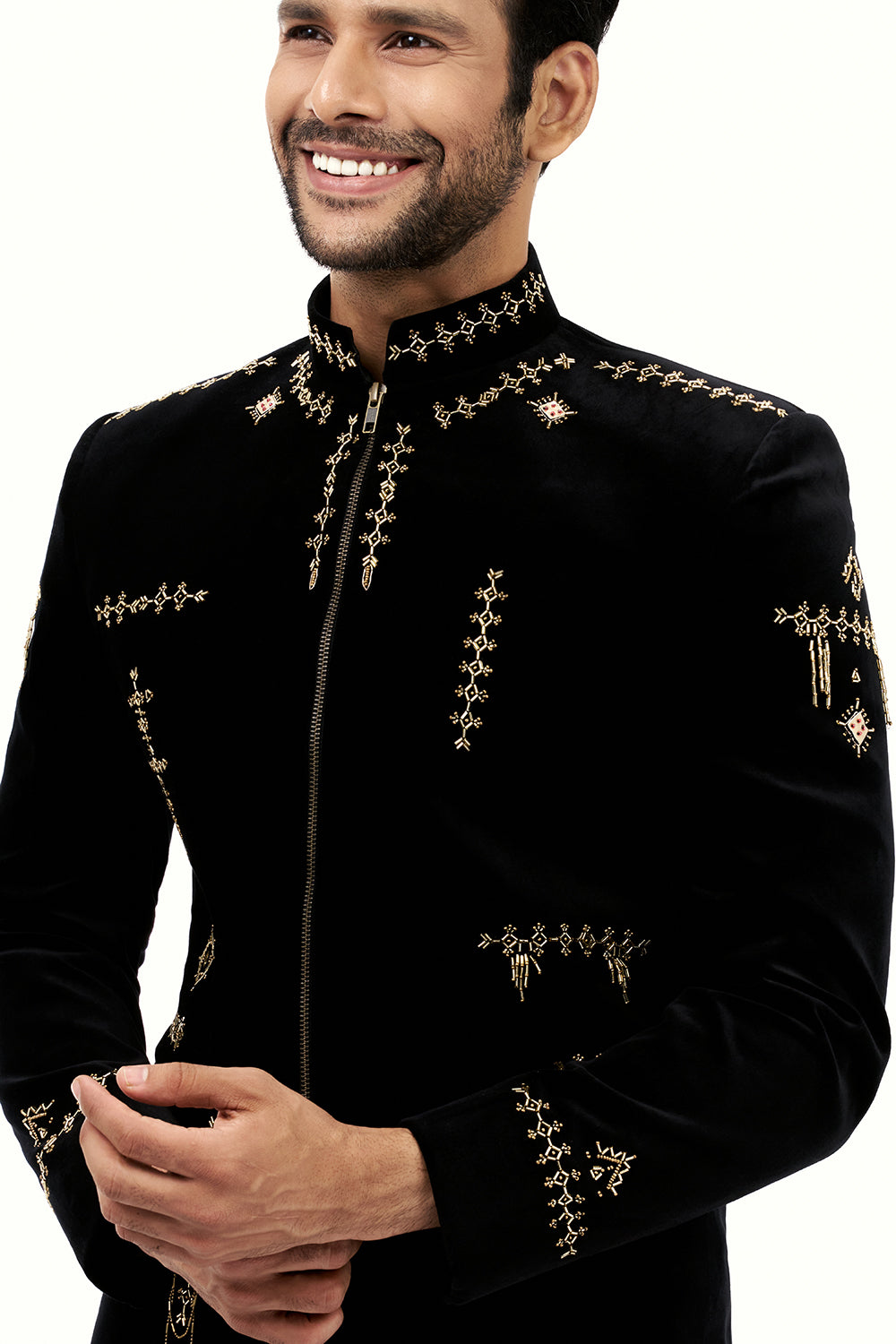 Black Velvet Mens Jodhpuri Set with Cutdana Work