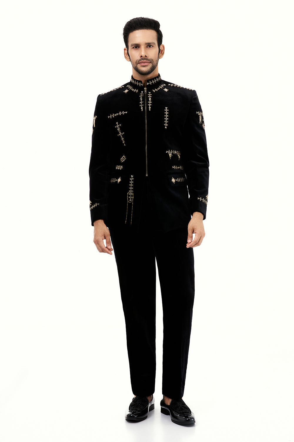 Black Velvet Mens Jodhpuri Set with Cutdana Work