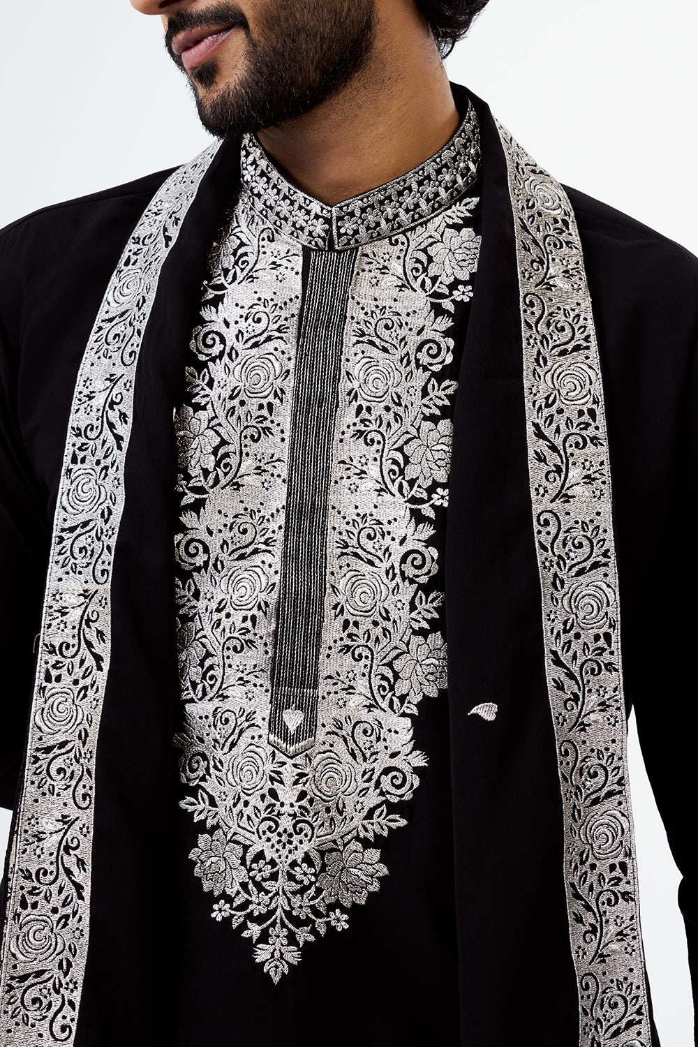 Black Zari Work Polyester Cotton Men's Kurta Set