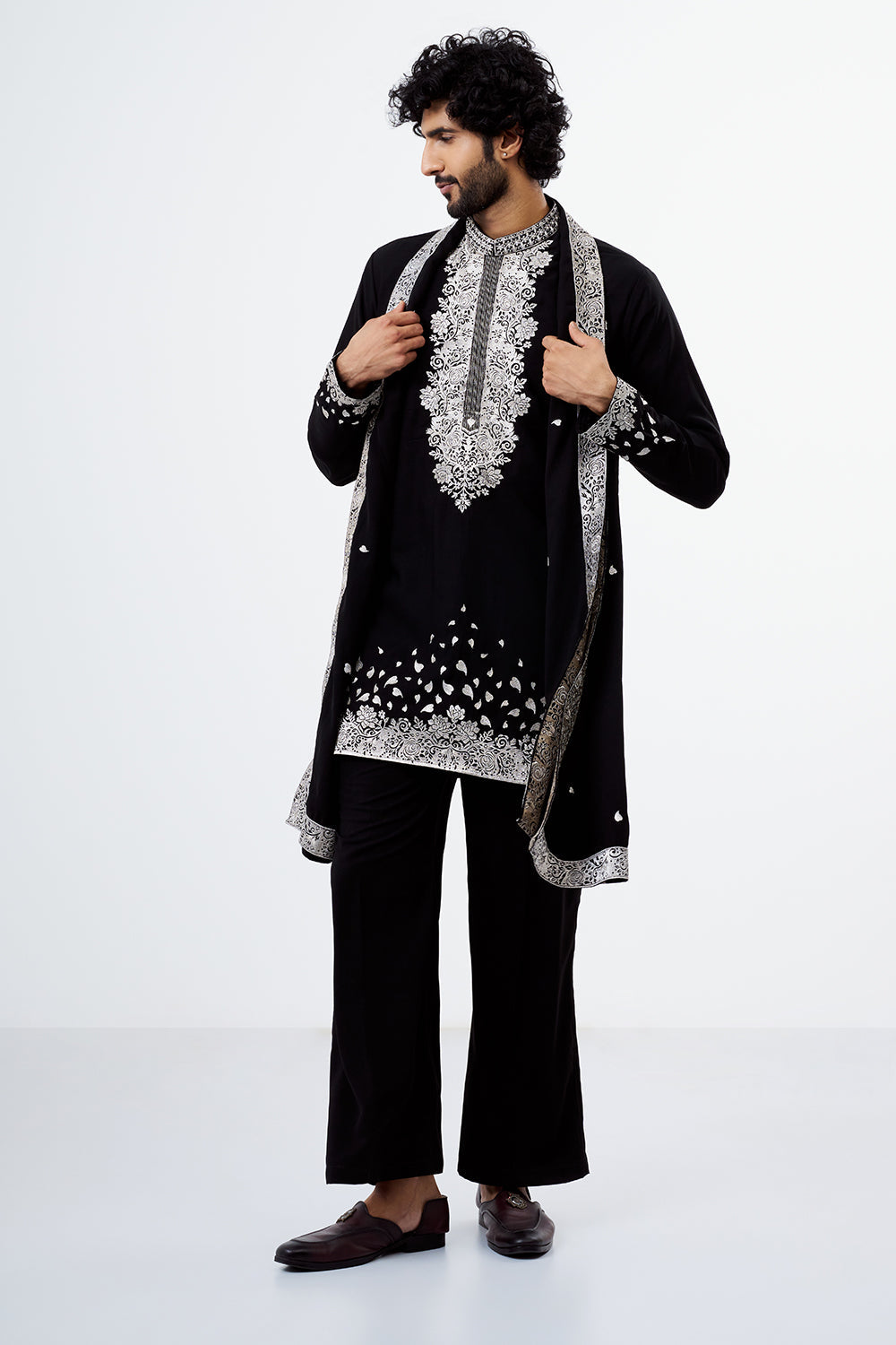 Black Zari Work Polyester Cotton Men's Kurta Set