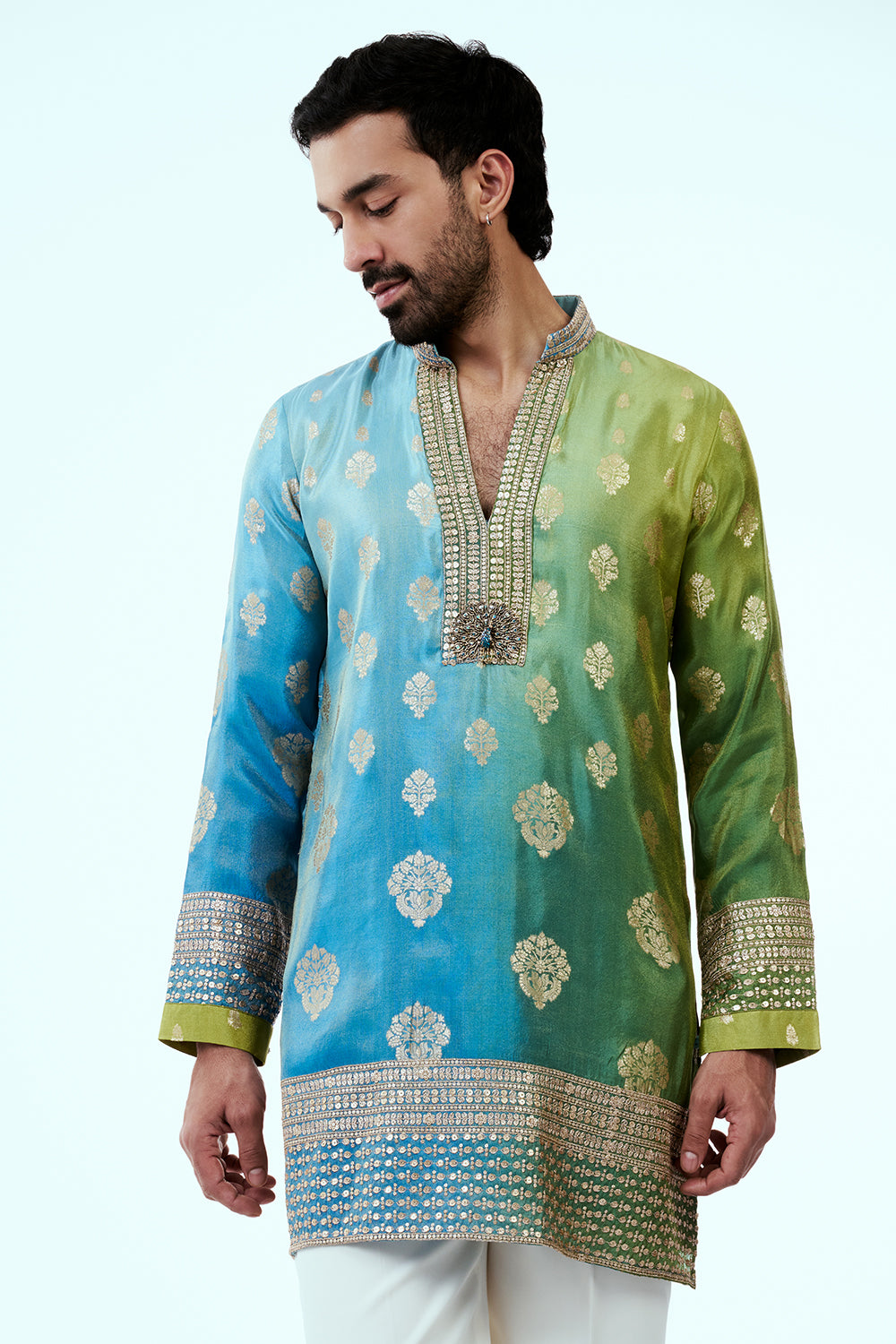 Blue and Green Ombre Kurta with Golden Floral Buti and Medallion Motifs