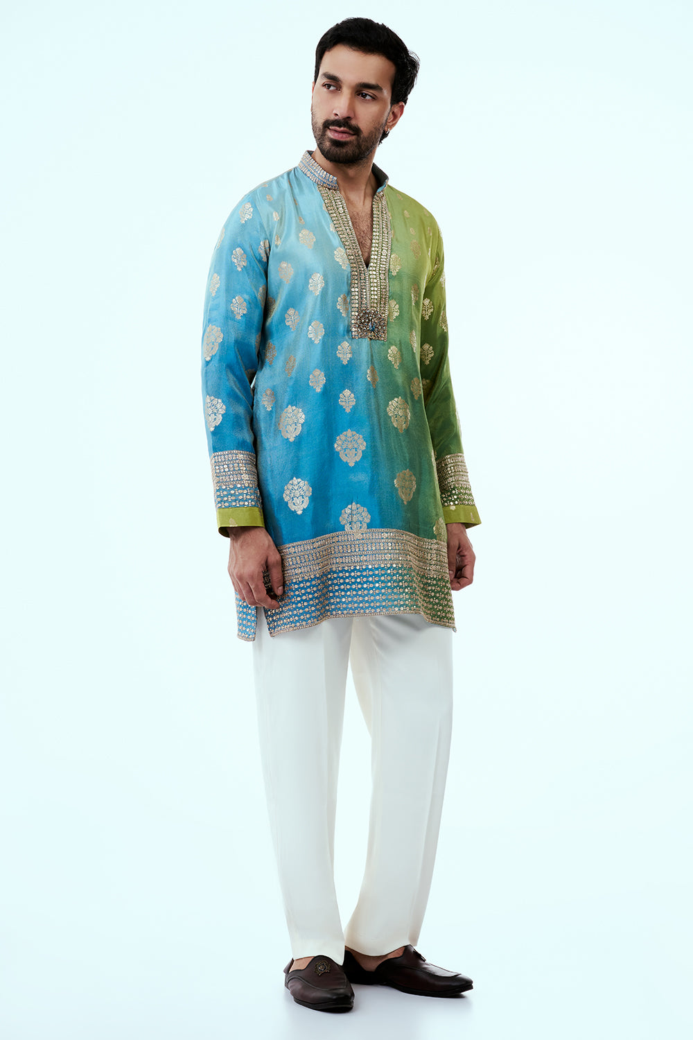 Blue and Green Ombre Kurta with Golden Floral Buti and Medallion Motifs
