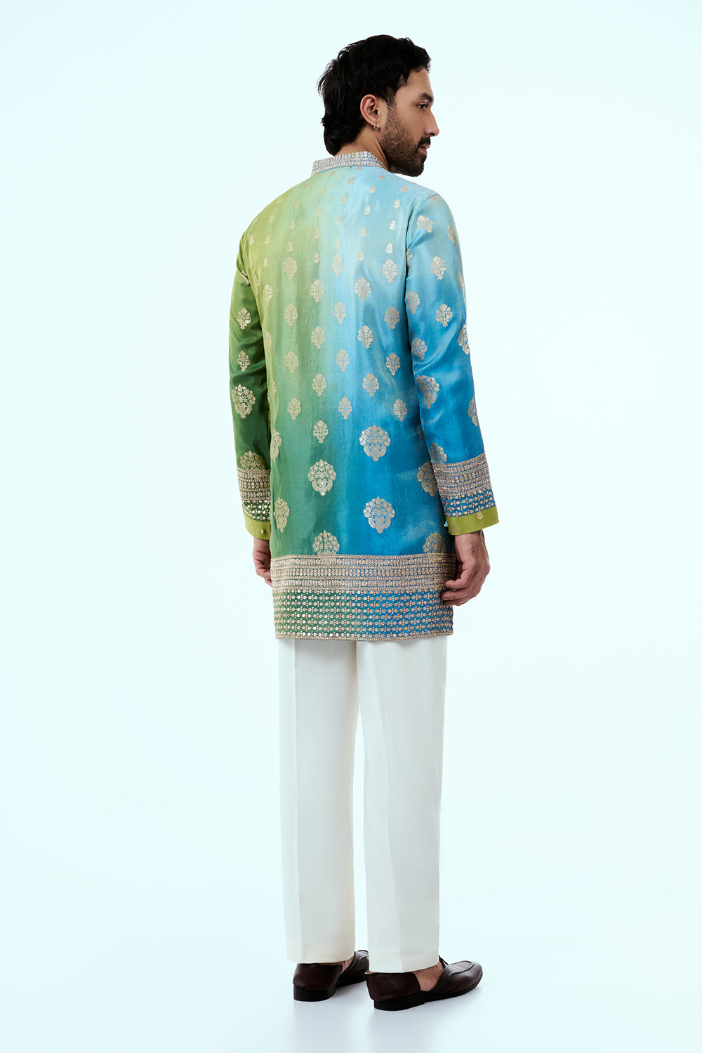 Blue and Green Ombre Kurta with Golden Floral Buti and Medallion Motifs