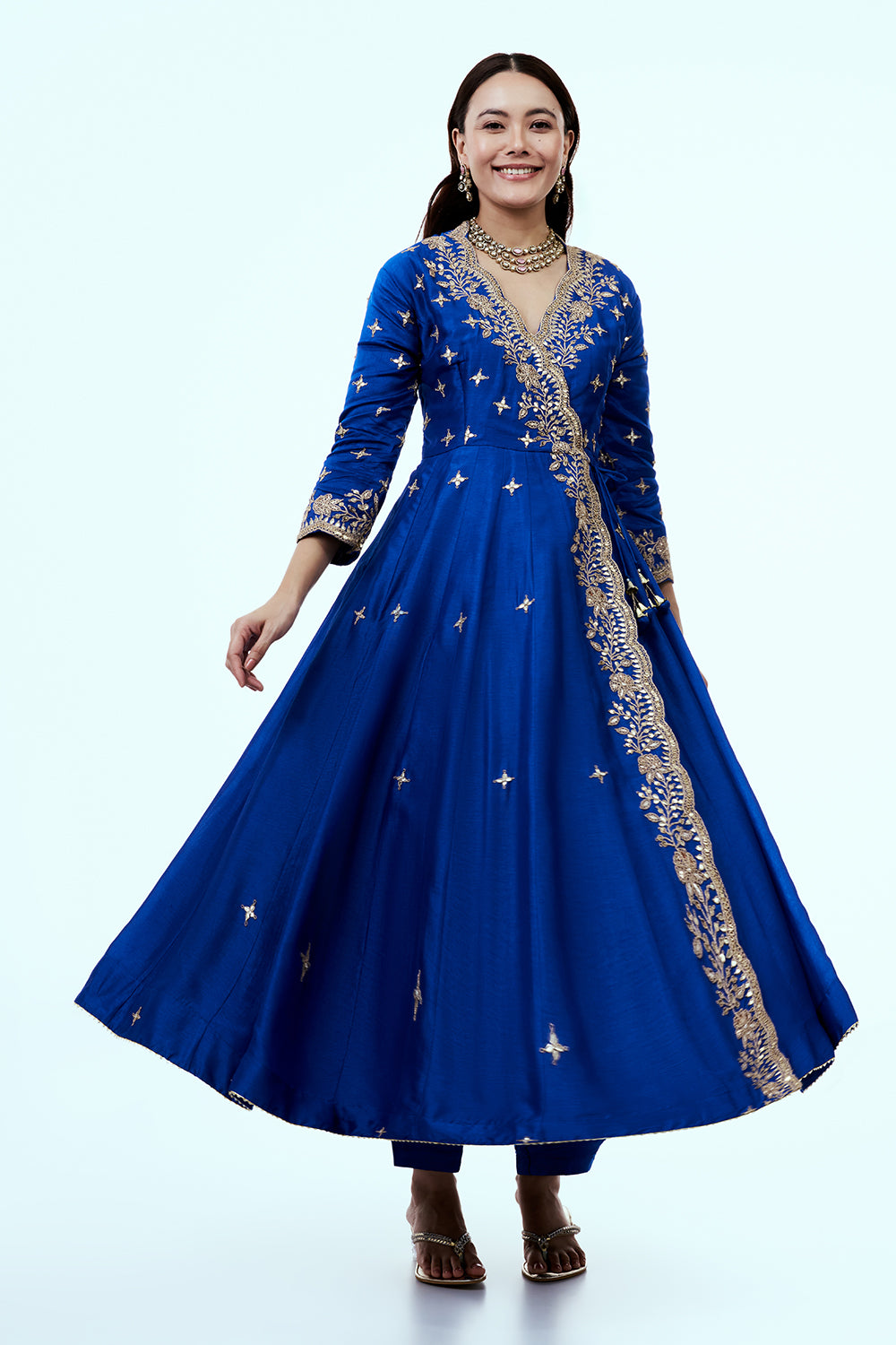 Blue Art Silk Angrakha Suit Set with Zardosi Work