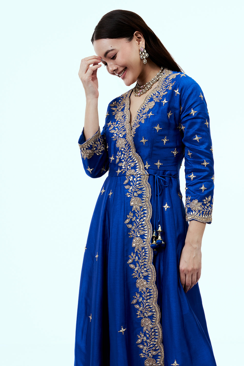 Blue Art Silk Angrakha Suit Set with Zardosi Work