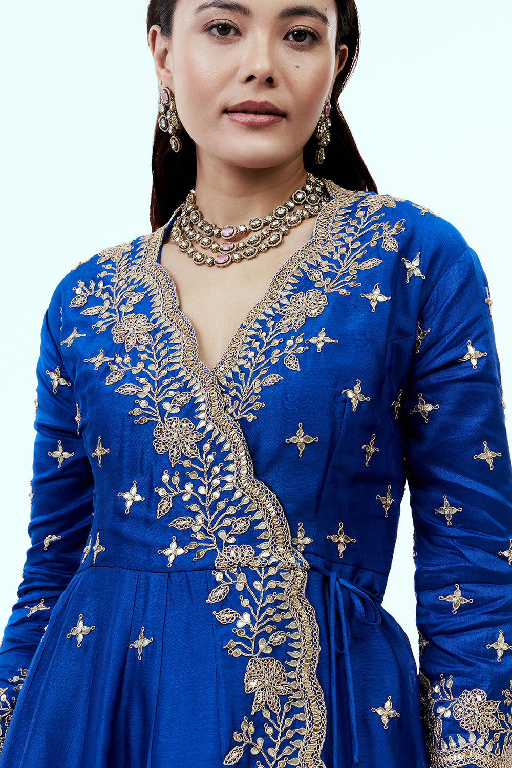 Blue Art Silk Angrakha Suit Set with Zardosi Work