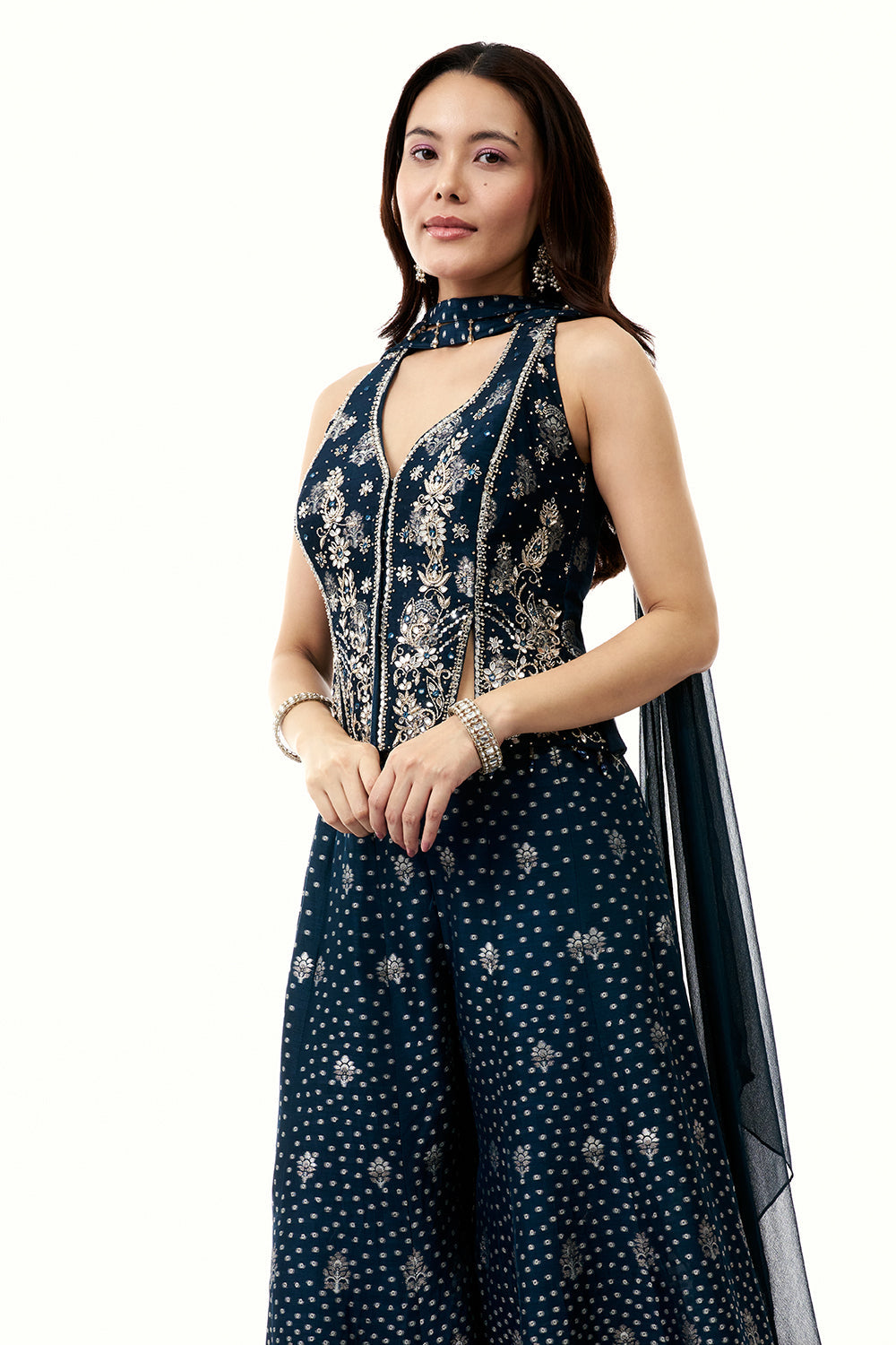 Blue Brocade Silk Palazzo Set with Mirror Work