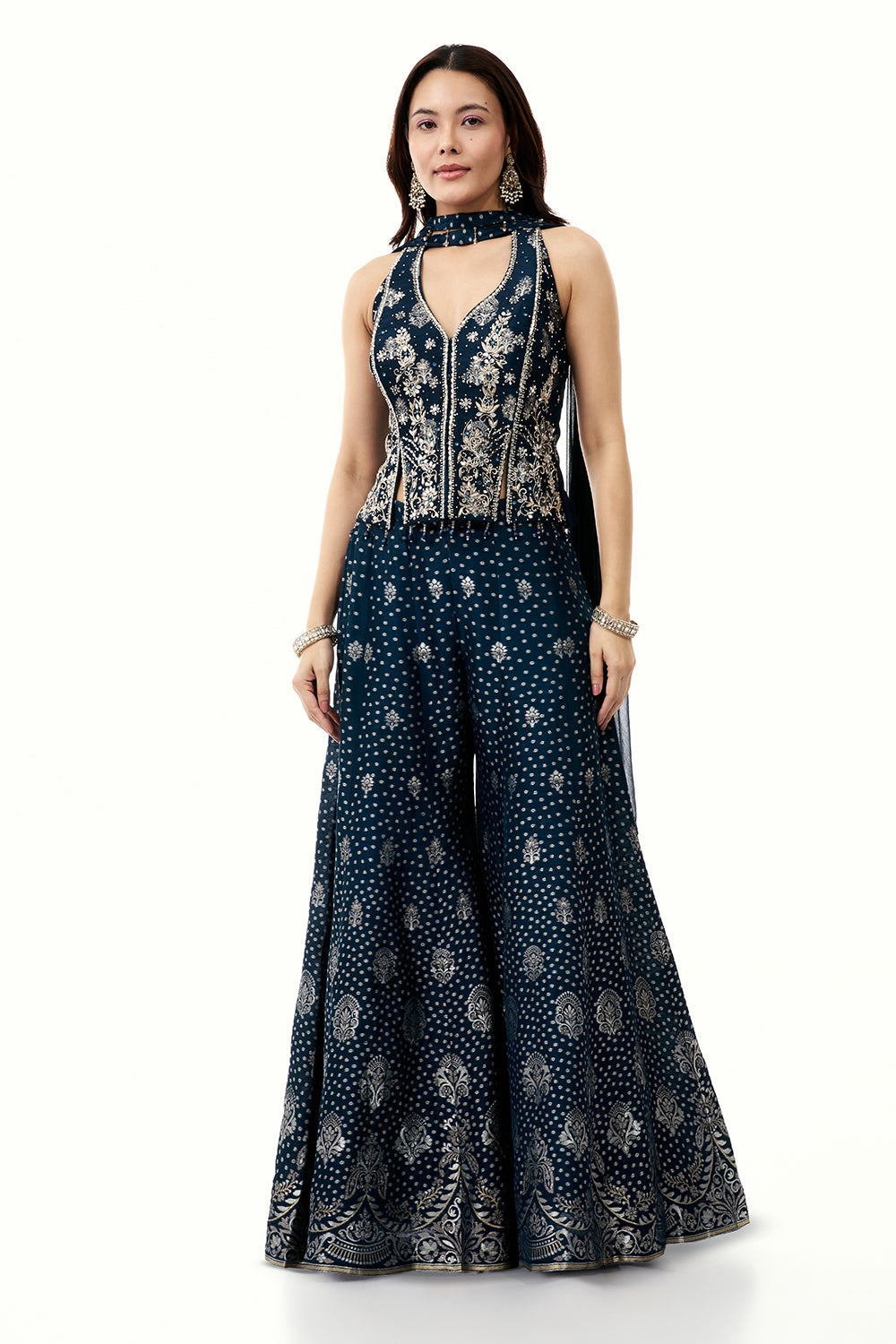 Blue Brocade Silk Palazzo Set with Mirror Work