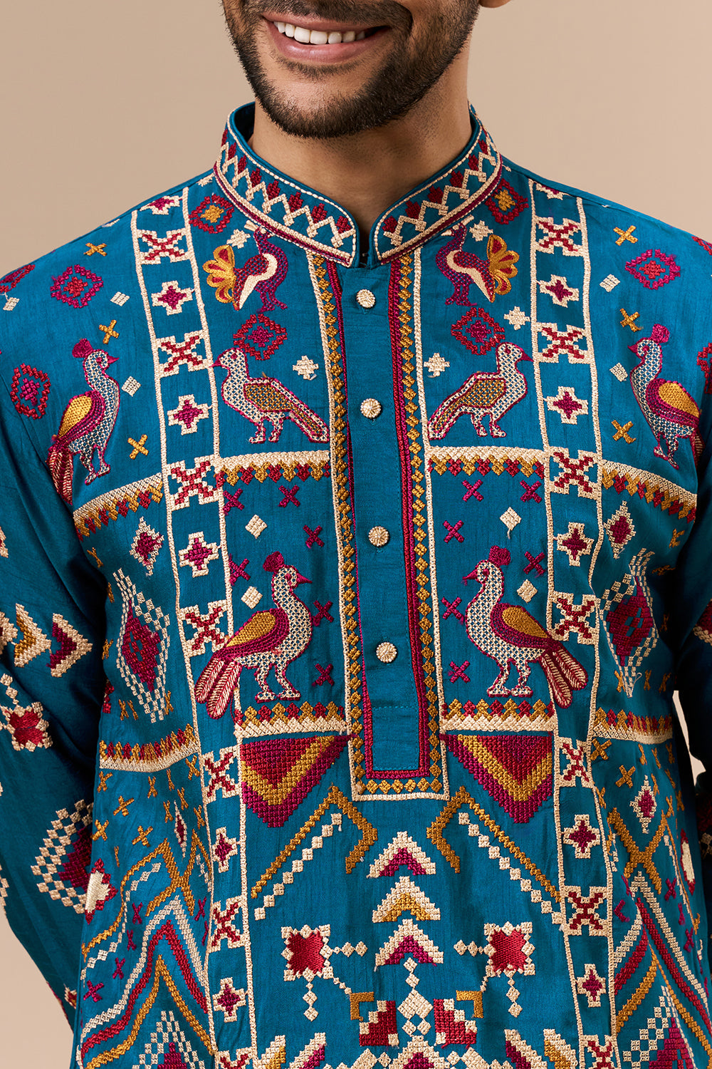Blue Cotton Silk Mens Kurta Set with Multicolour Thread Work