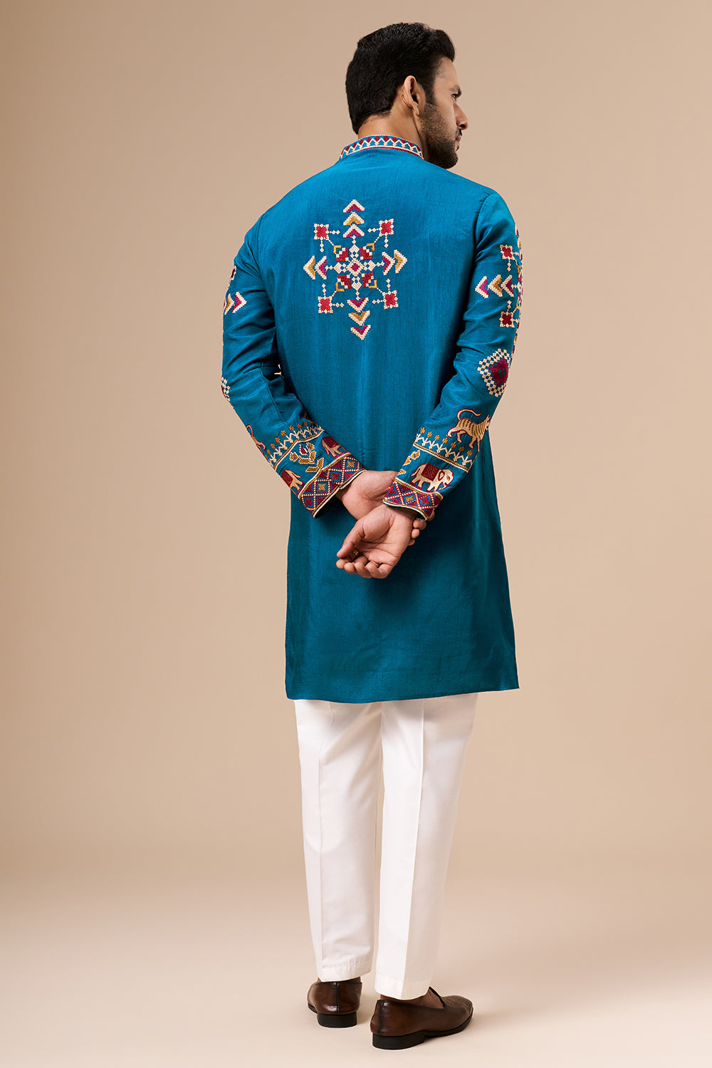 Blue Cotton Silk Mens Kurta Set with Multicolour Thread Work